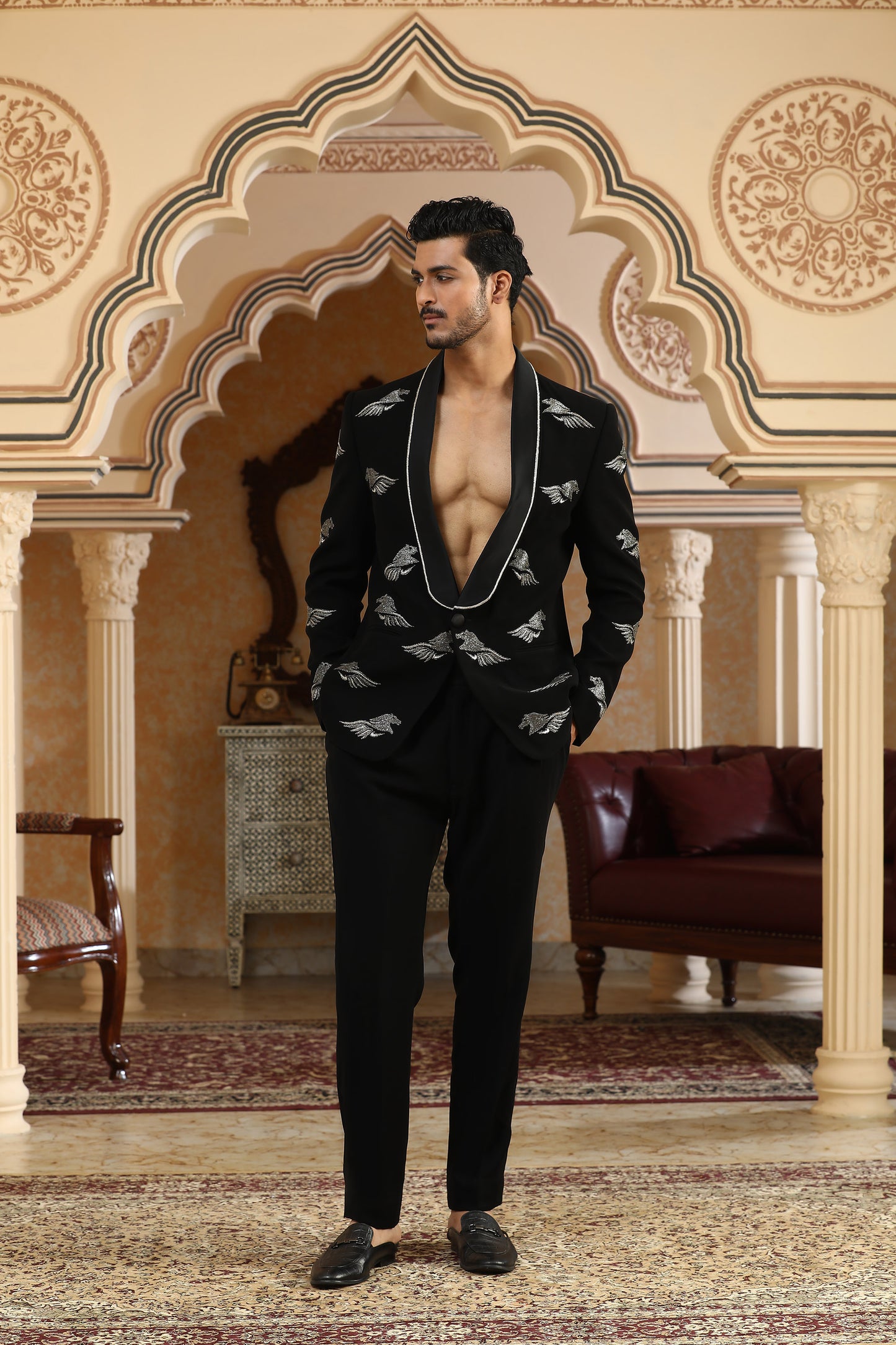 Uccheswara - Black  Italian Viscose Cutdana & Dori Embroidered Party Wear Coat Set