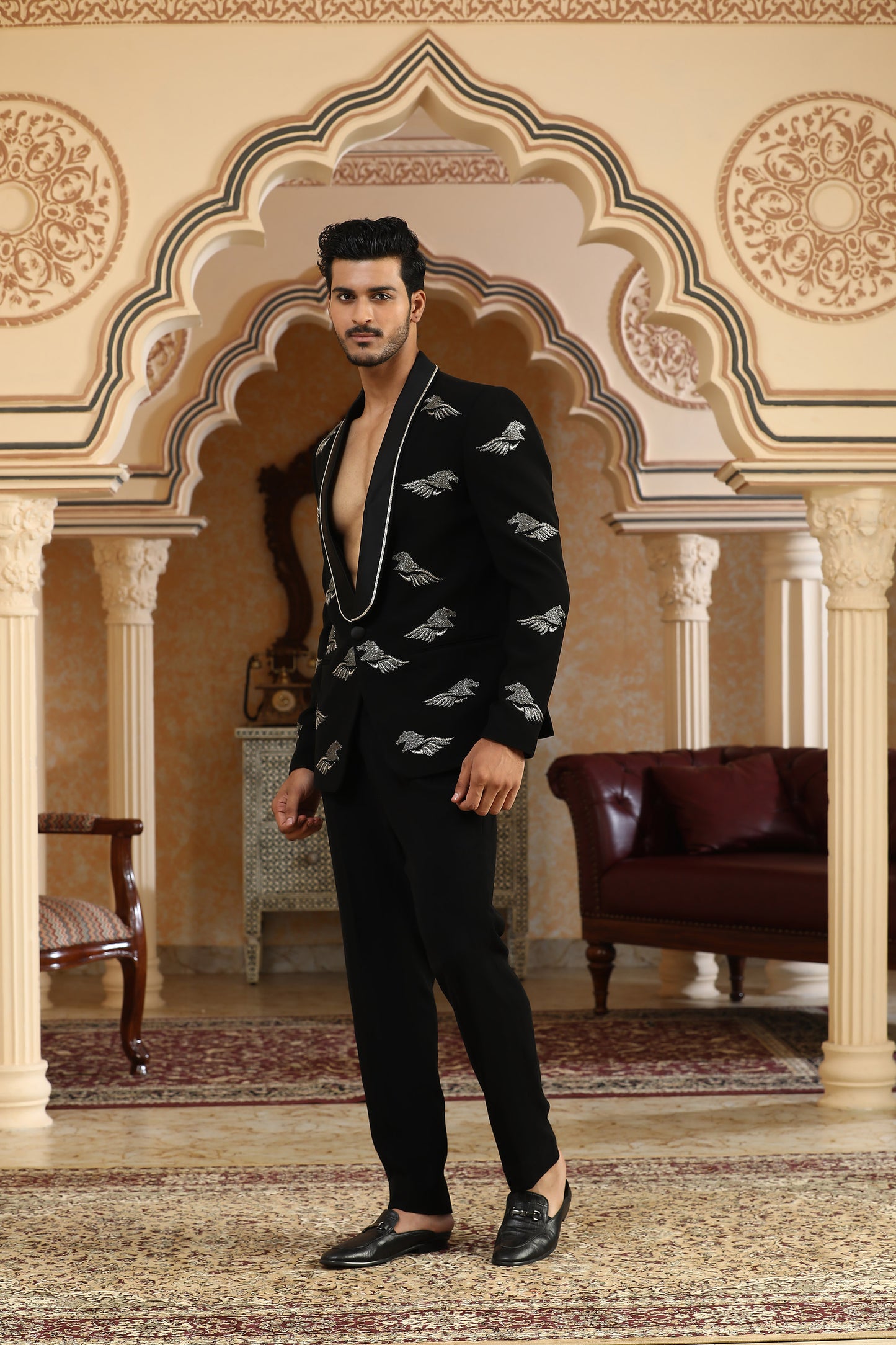 Uccheswara - Black  Italian Viscose Cutdana & Dori Embroidered Party Wear Coat Set