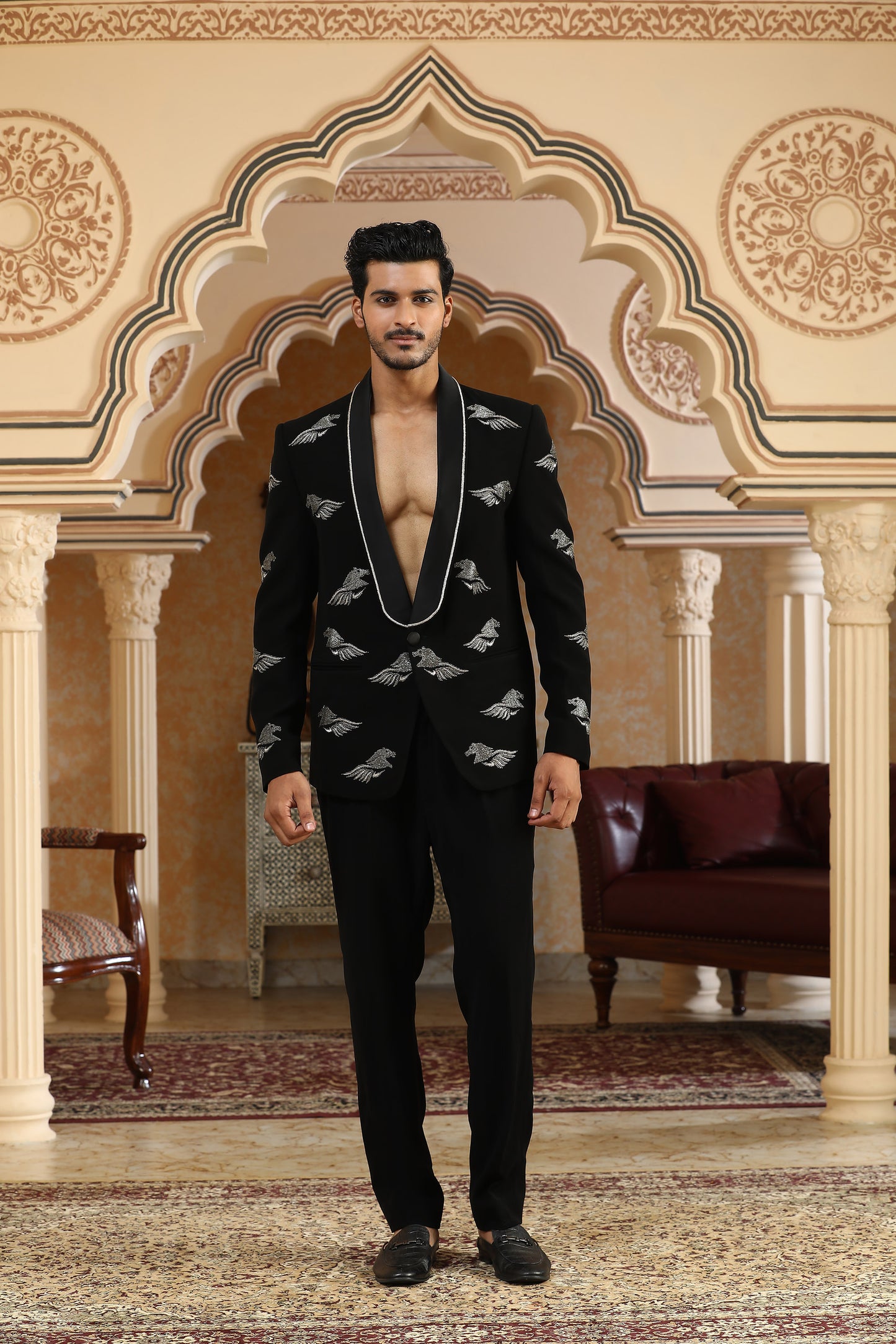 Uccheswara - Black  Italian Viscose Cutdana & Dori Embroidered Party Wear Coat Set