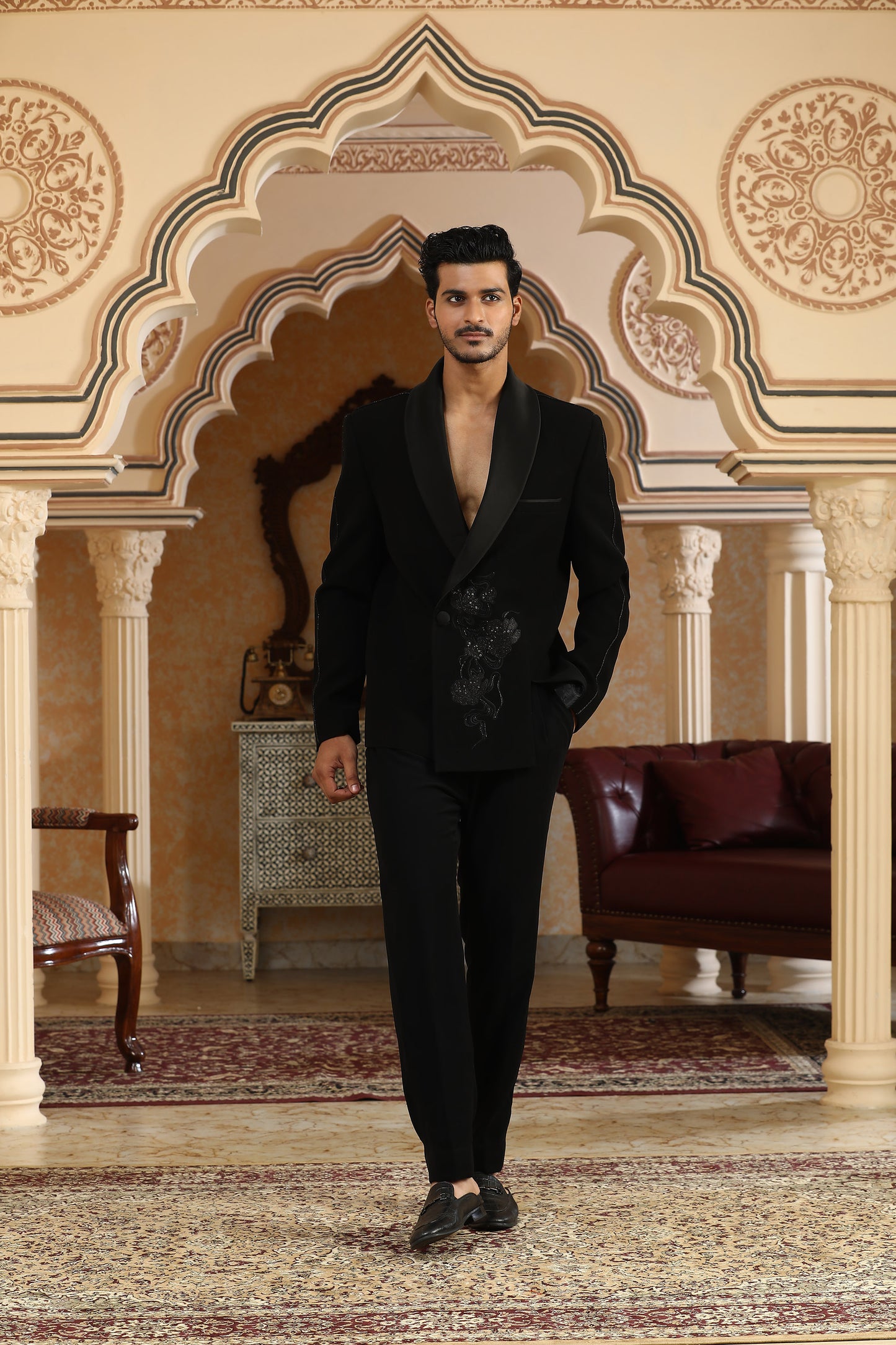 Black Italian Silk Zardozi Work & Glitter Flower Cut Embroidered Coat Set