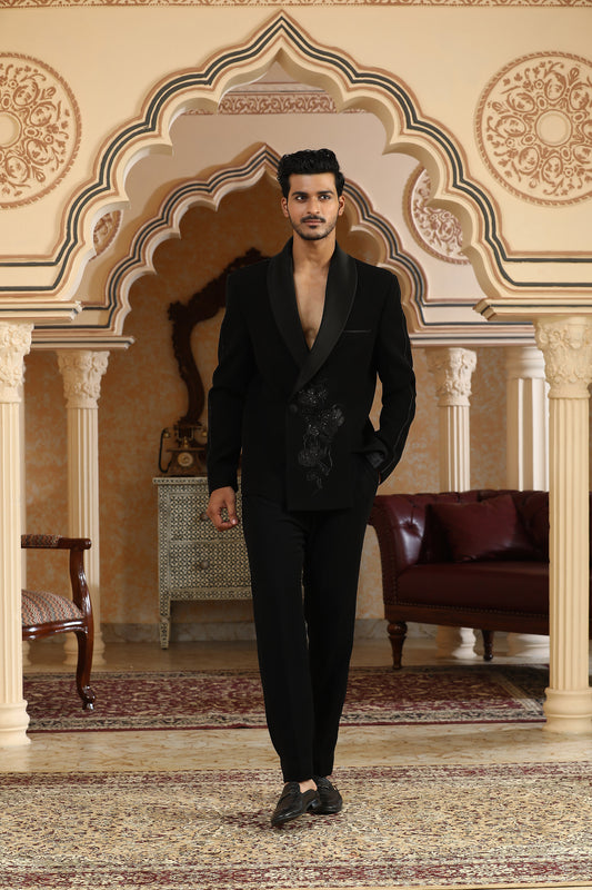 Black Italian Silk Zardozi Work & Glitter Flower Cut Embroidered Coat Set