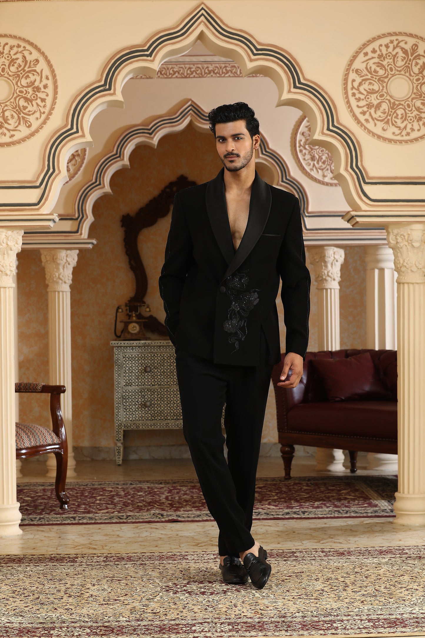 Black Italian Silk Zardozi Work & Glitter Flower Cut Embroidered Coat Set