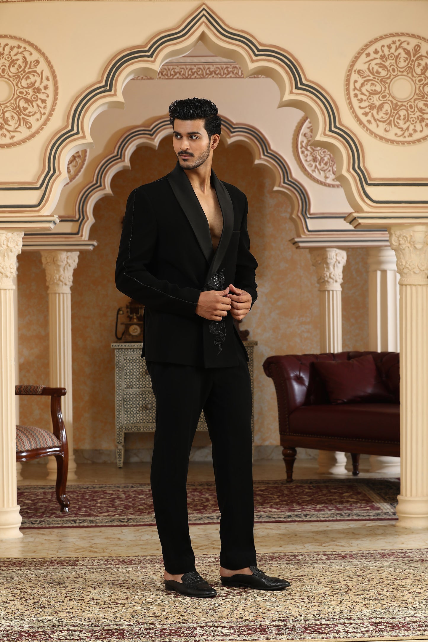 Black Italian Silk Zardozi Work & Glitter Flower Cut Embroidered Coat Set