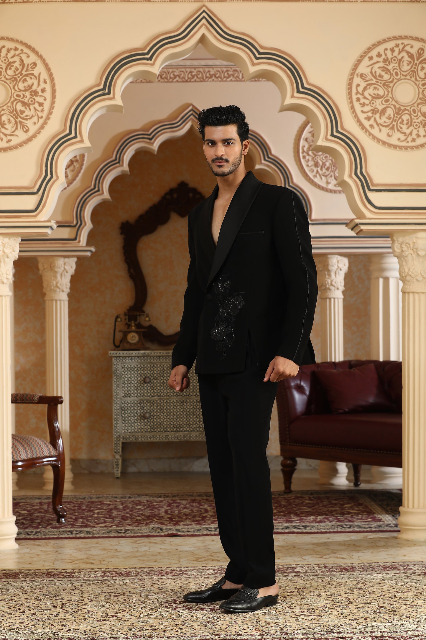 Black Italian Silk Zardozi Work & Glitter Flower Cut Embroidered Coat Set