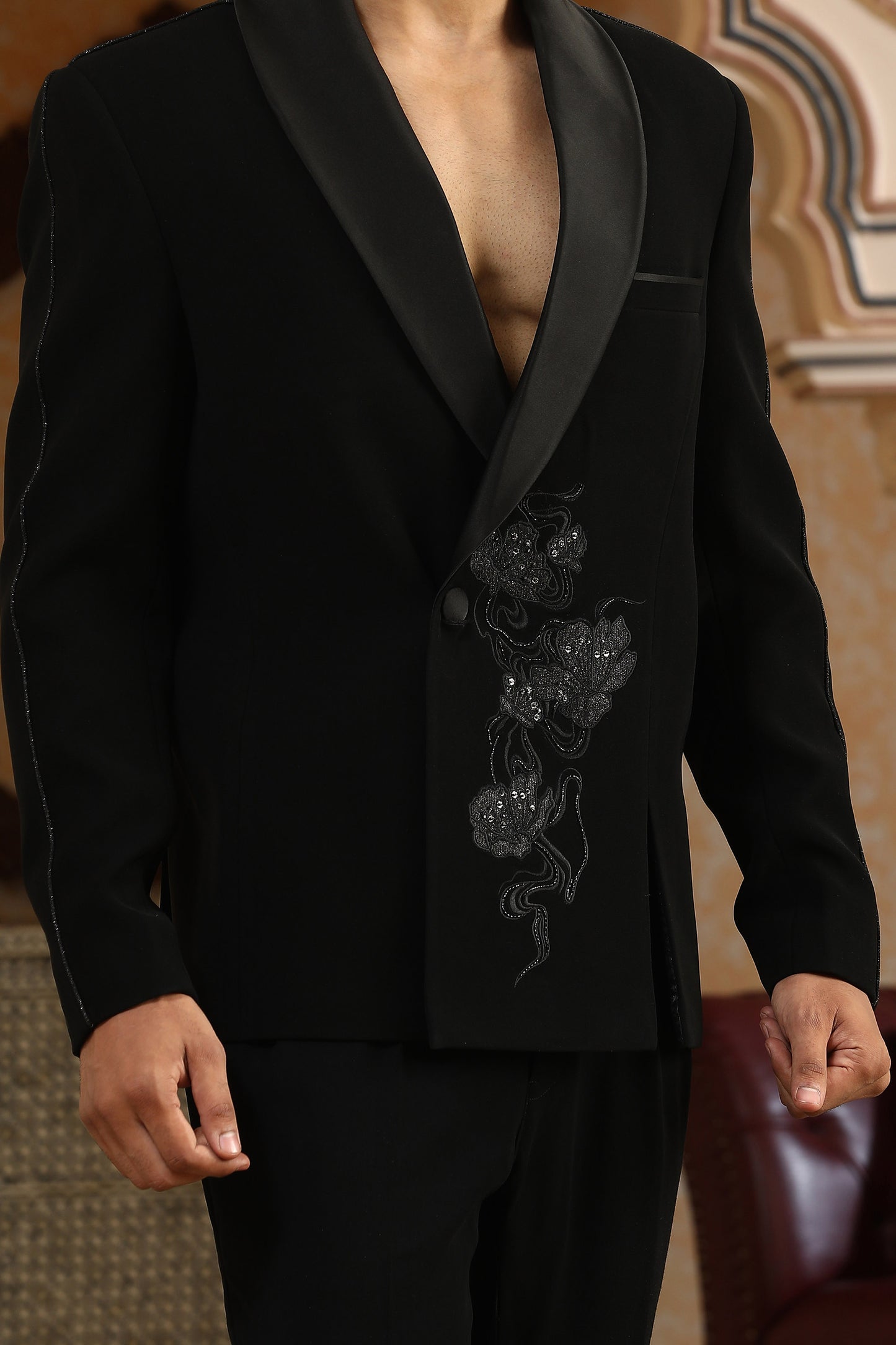 Black Italian Silk Zardozi Work & Glitter Flower Cut Embroidered Coat Set