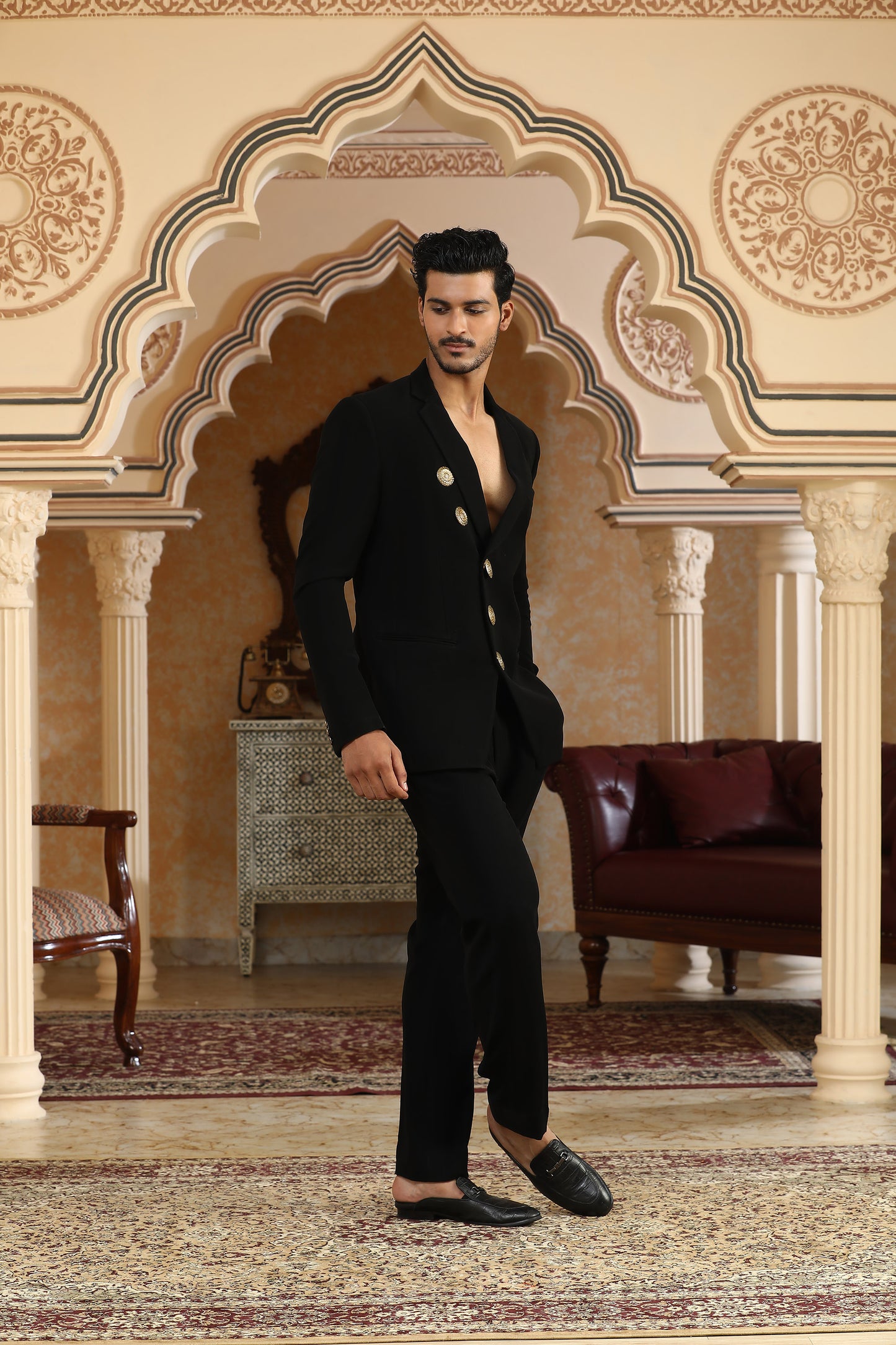 Black Italian Viscose Metallic Embellishments Party Wear Coat Set