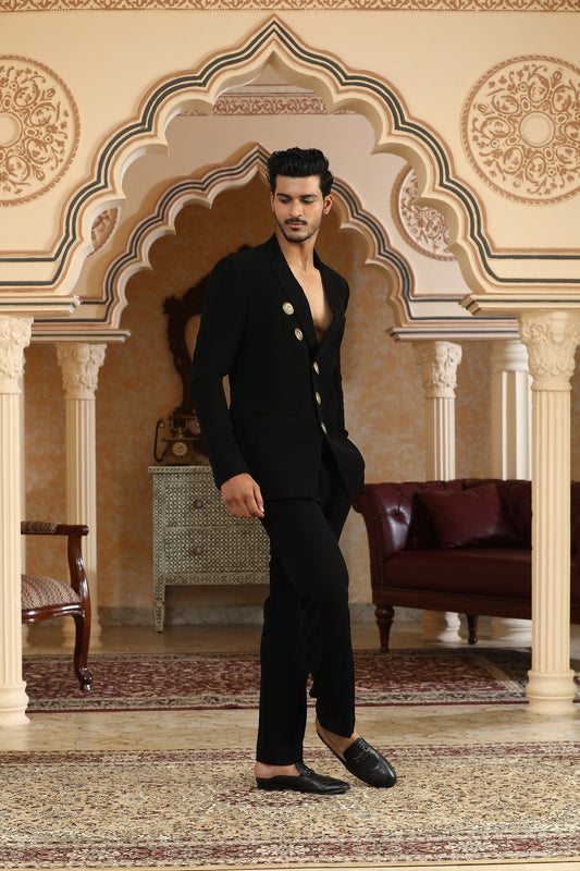 Black Italian Viscose Metallic Embellishments Party Wear Coat Set