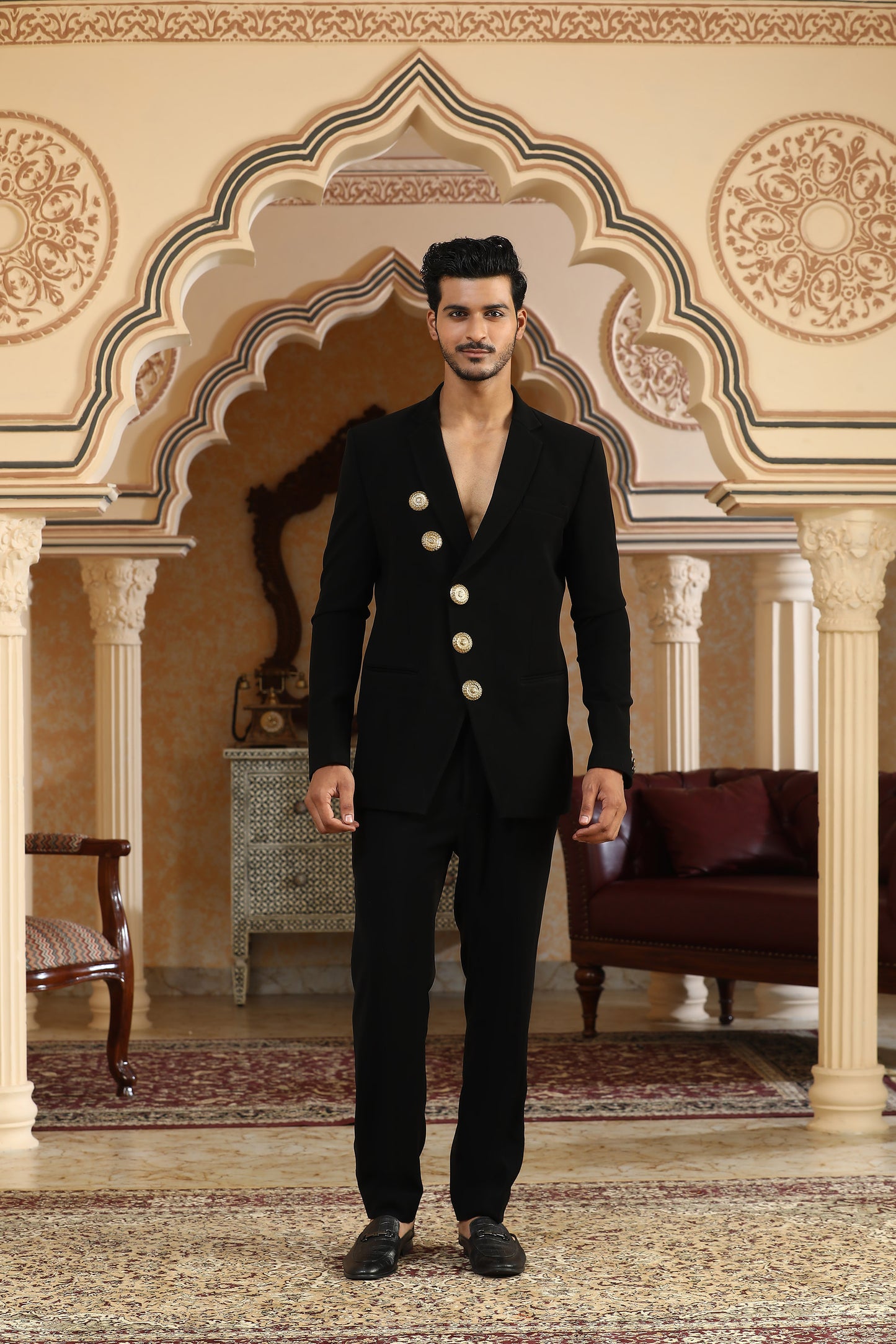 Black Italian Viscose Metallic Embellishments Party Wear Coat Set