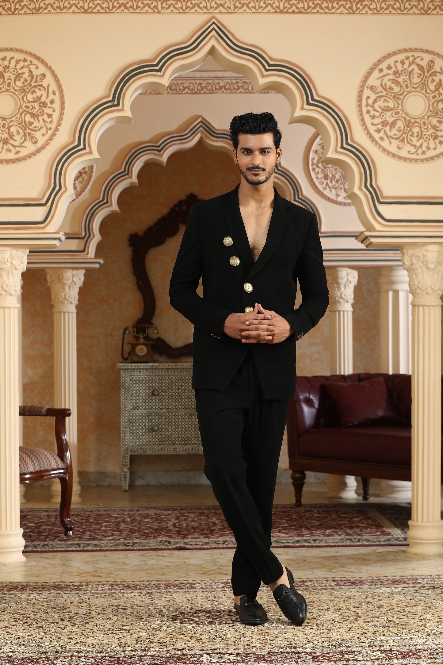 Black Italian Viscose Metallic Embellishments Party Wear Coat Set