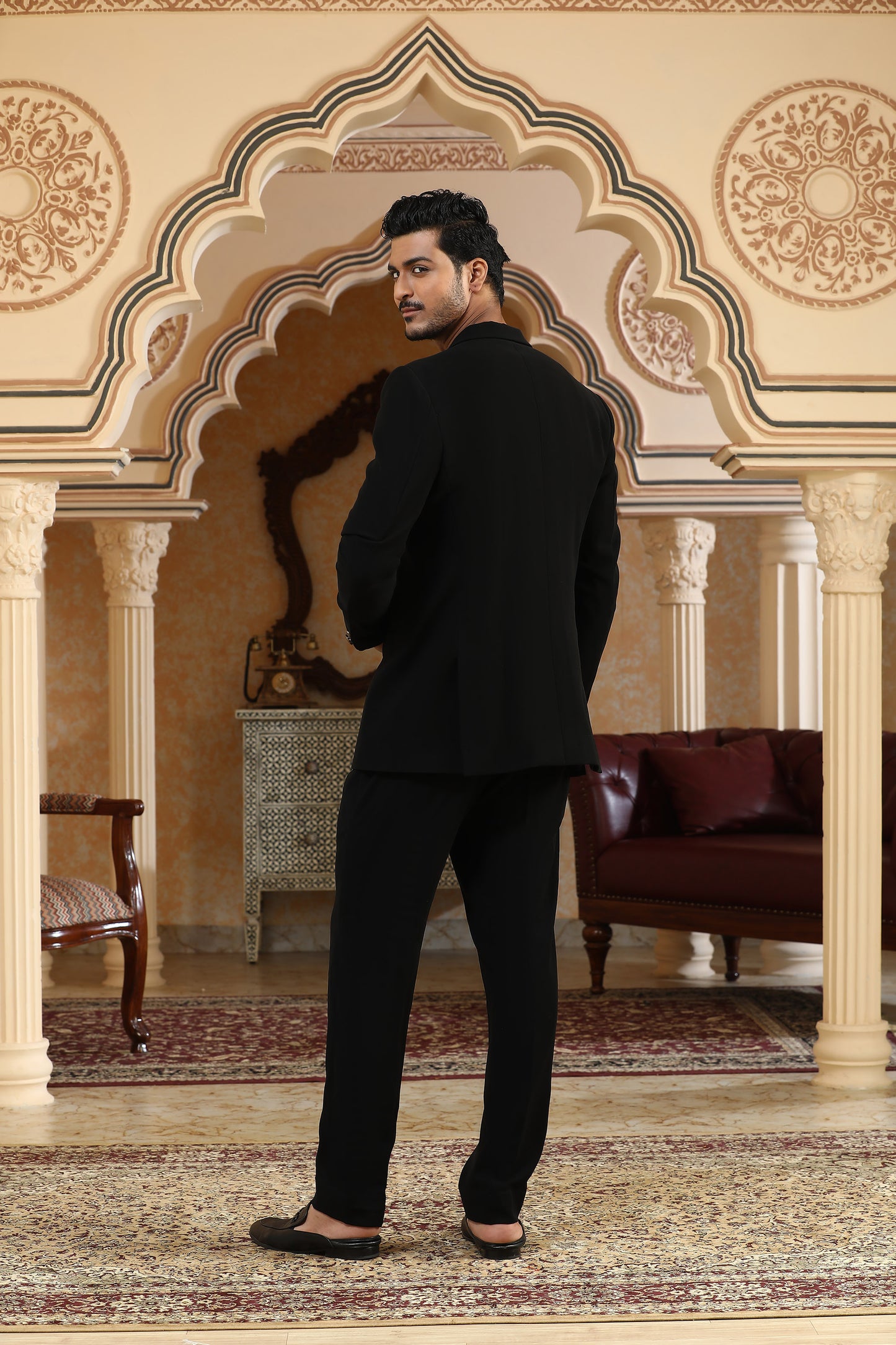 Black Italian Viscose Metallic Embellishments Party Wear Coat Set