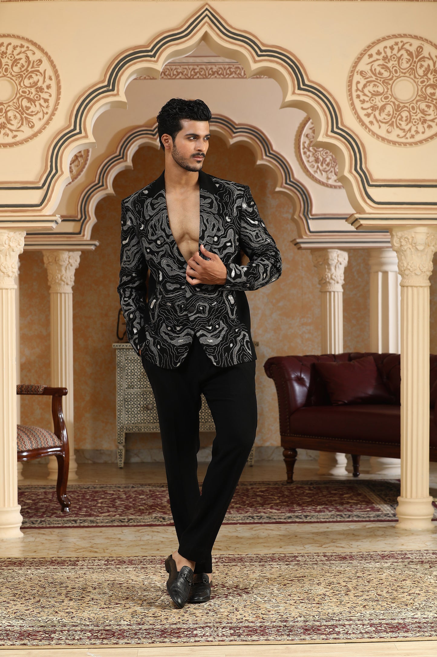 Sheersagar - Black Italian Viscose Dori & Resham Embroidered Party Wear Coat Set