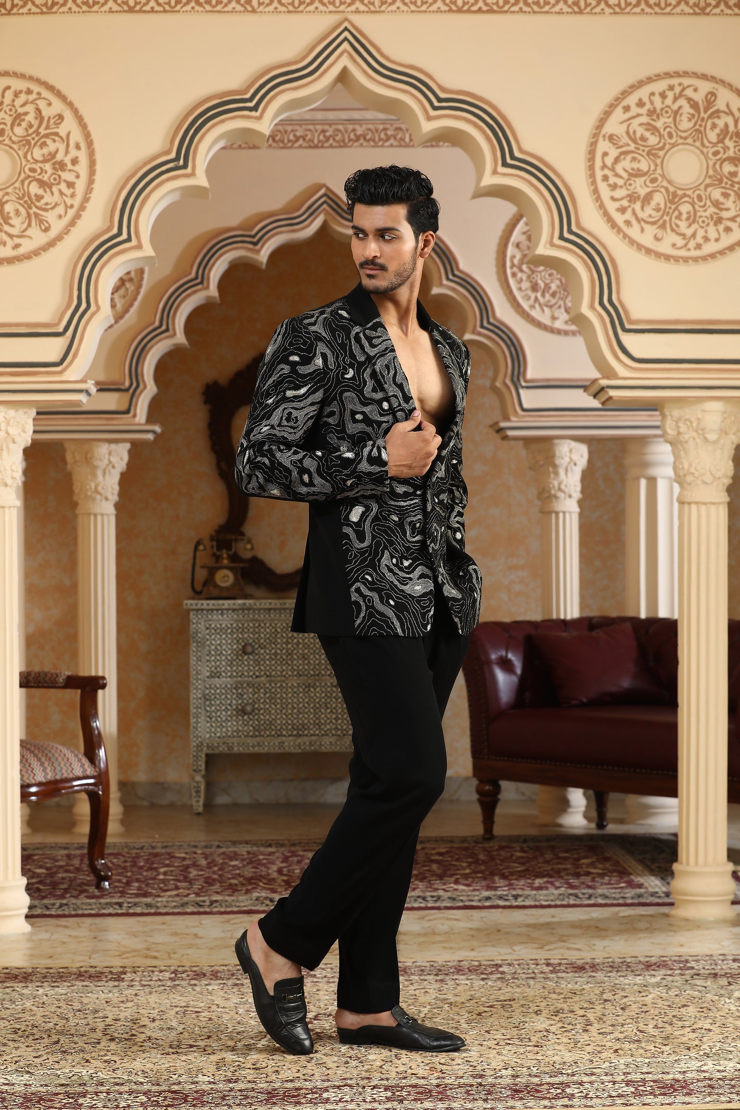 Sheersagar - Black Italian Viscose Dori & Resham Embroidered Party Wear Coat Set