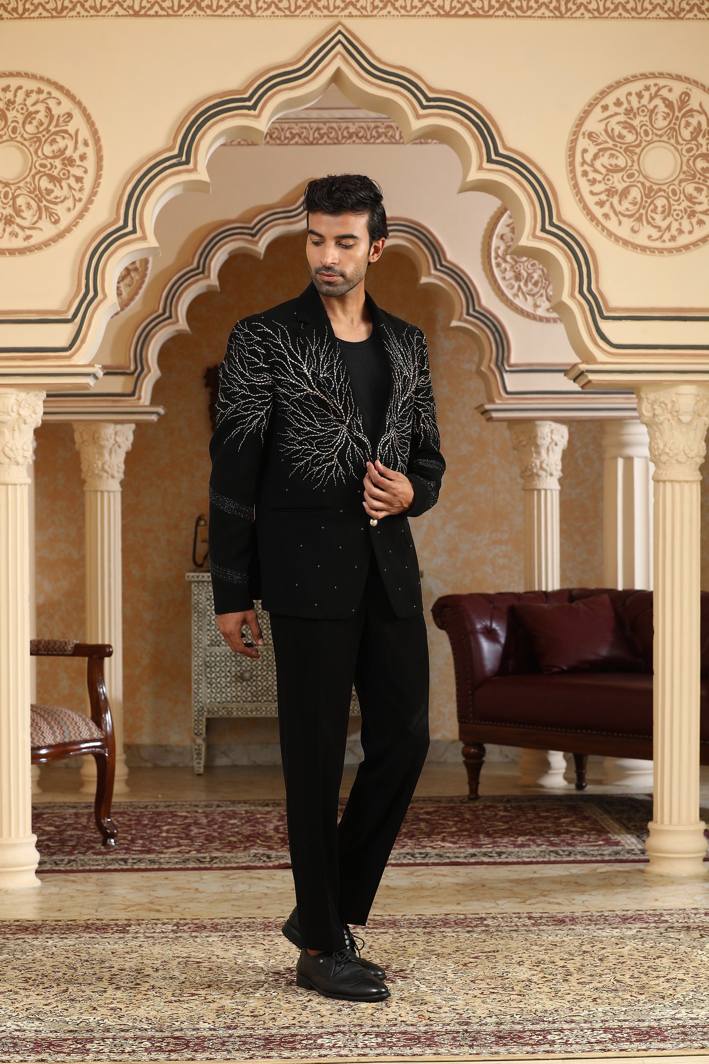 Kalpvriksha - Black Italian Viscose Dori Embroidered Party Wear Tuxedo Set