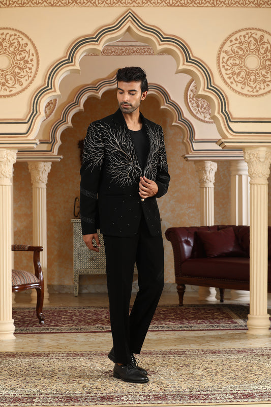 Kalpvriksha - Black Italian Viscose Dori Embroidered Party Wear Tuxedo Set