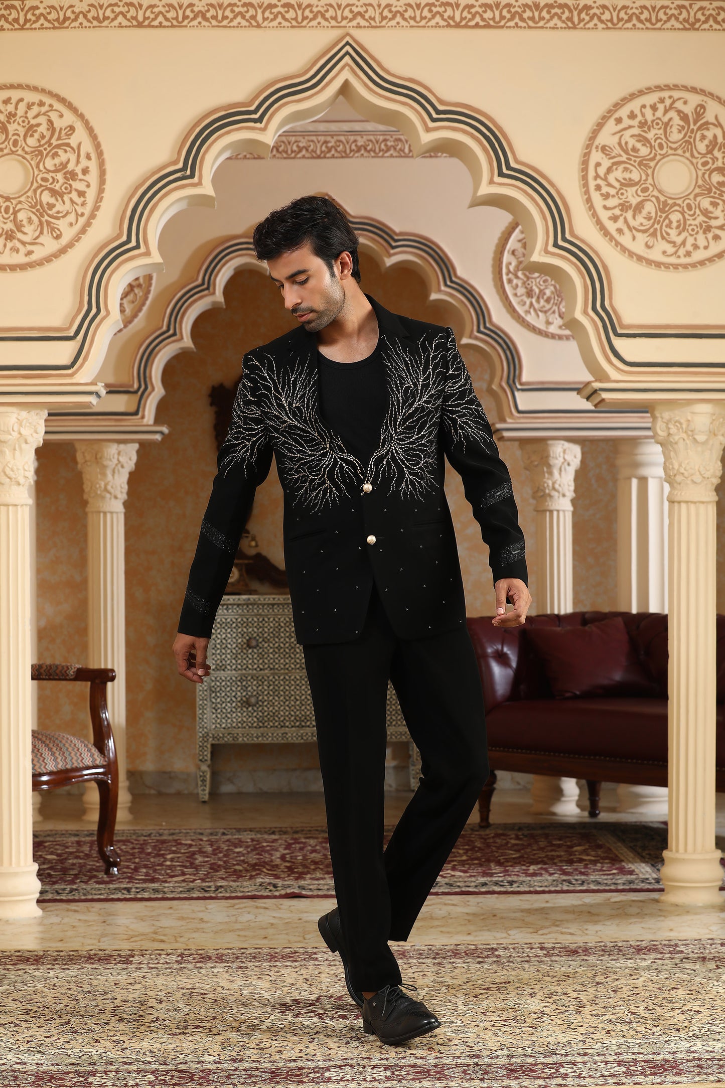 Kalpvriksha - Black Italian Viscose Dori Embroidered Party Wear Tuxedo Set