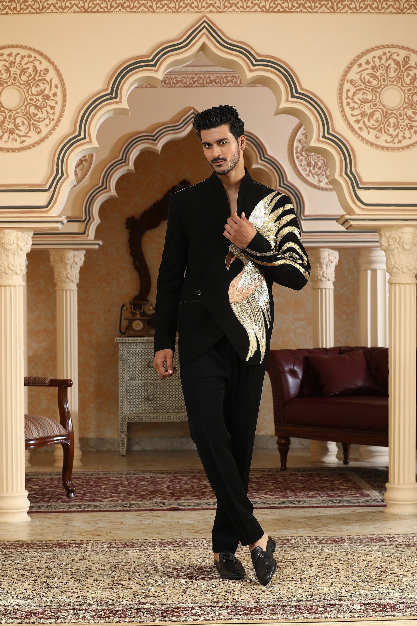 Sworn Eagle - Black Italian Viscose Metallic Embellishments Bandhgala Set