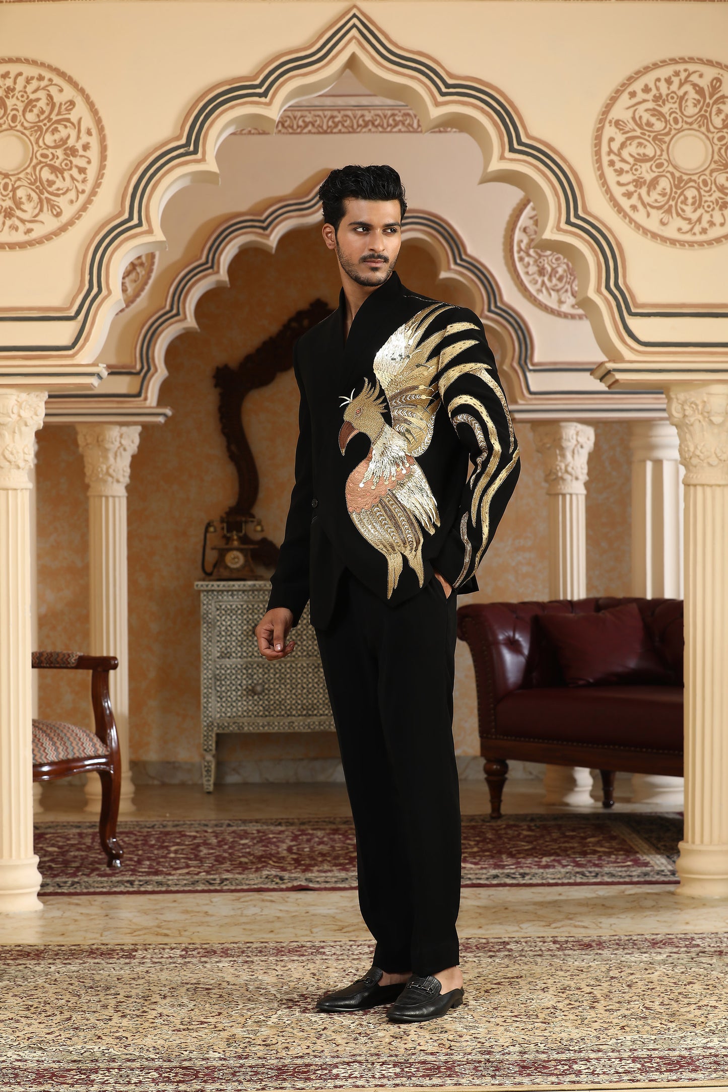 Sworn Eagle - Black Italian Viscose Metallic Embellishments Bandhgala Set