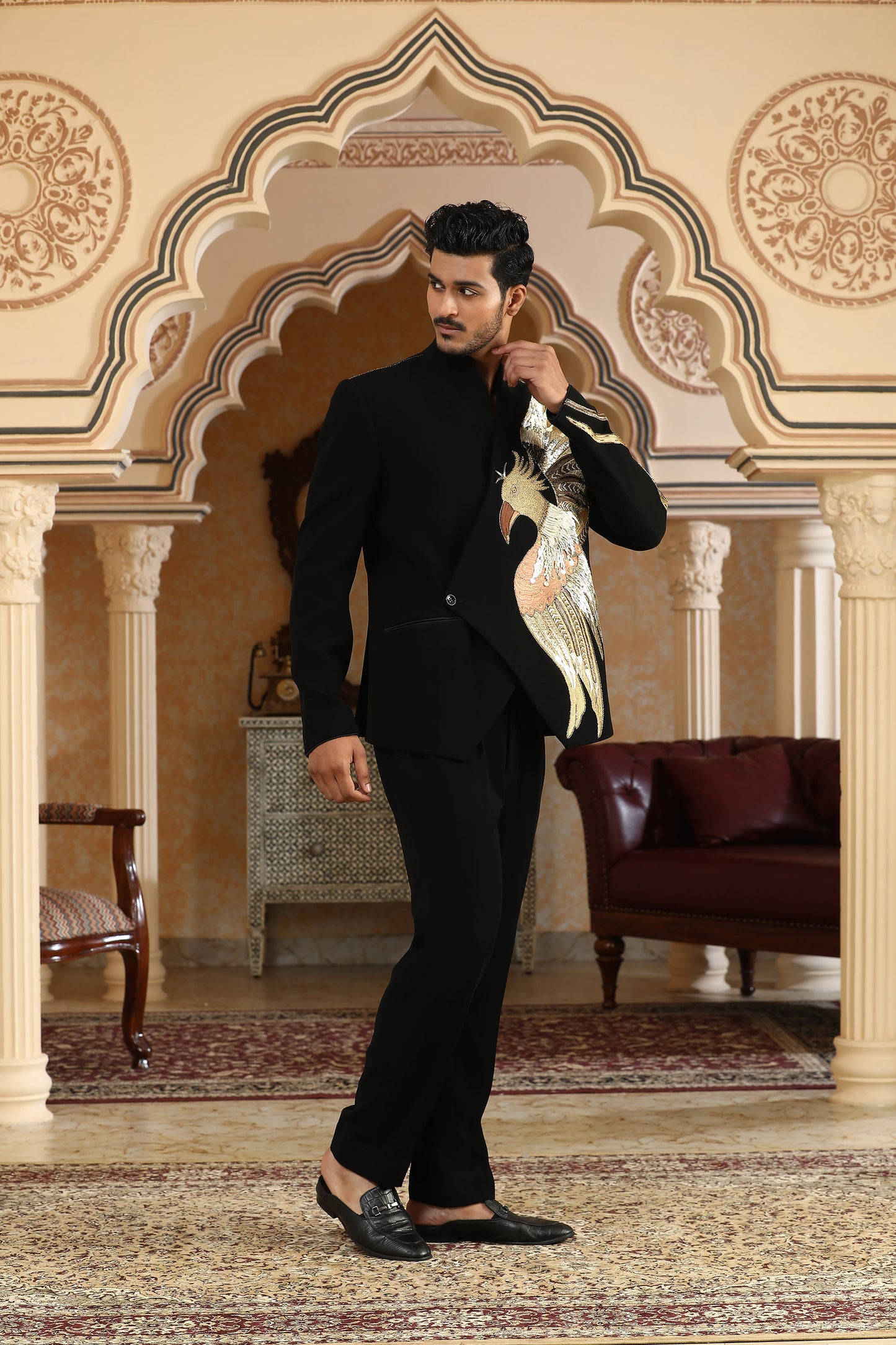 Sworn Eagle - Black Italian Viscose Metallic Embellishments Bandhgala Set