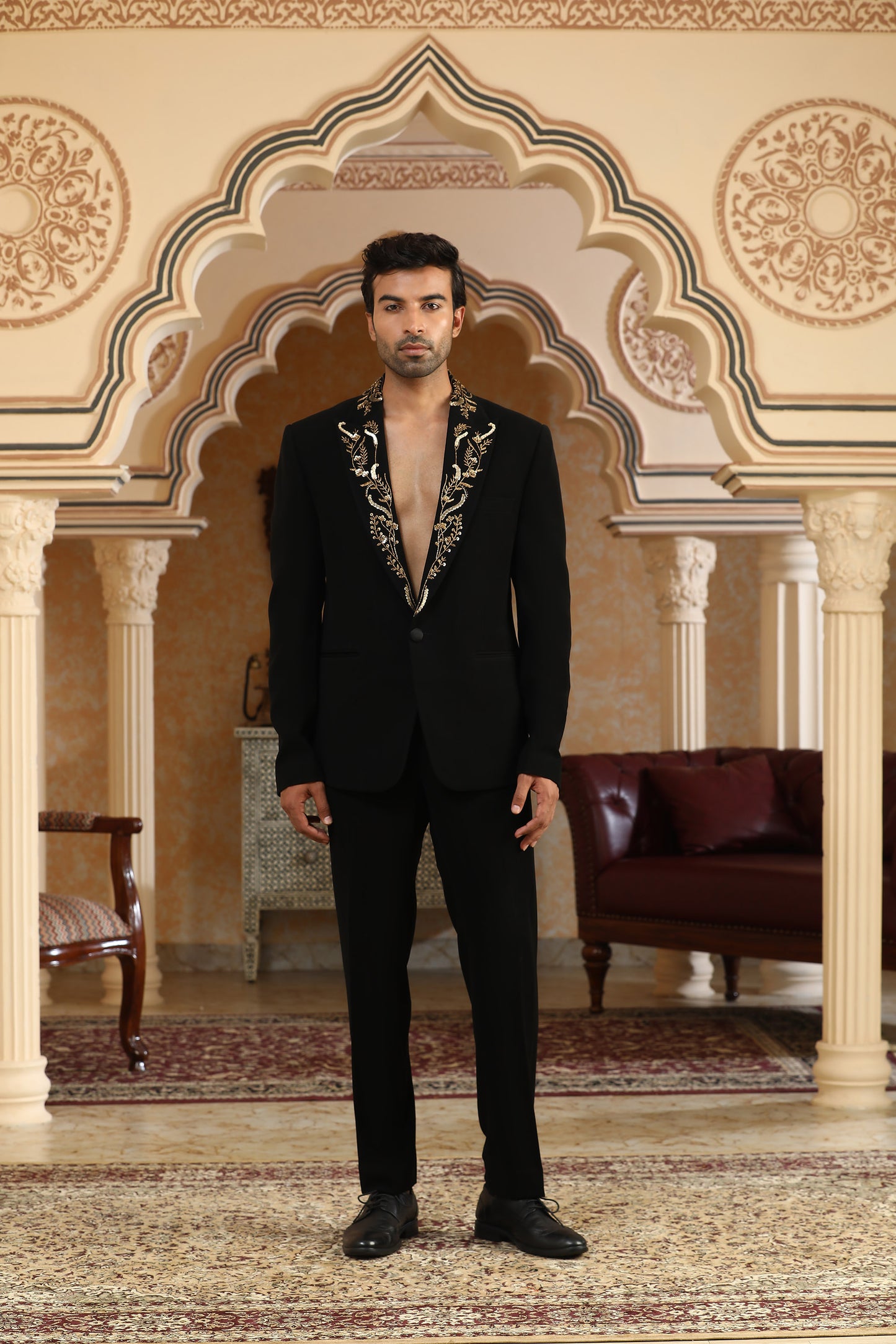 Gold Vines - Black Italian Viscose Zardozi & Zari Embroidered Party Wear Coat Set