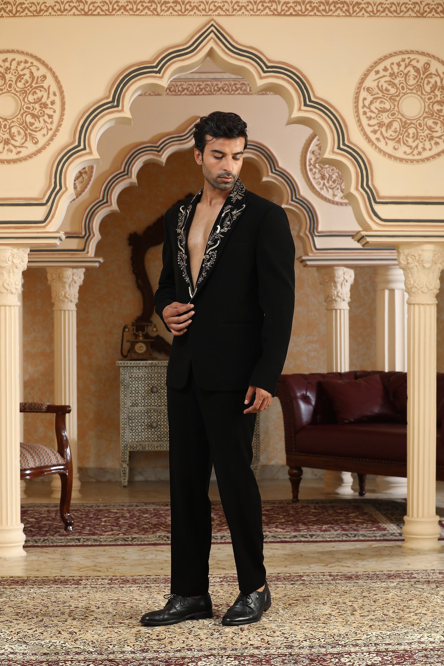 Gold Vines - Black Italian Viscose Zardozi & Zari Embroidered Party Wear Coat Set