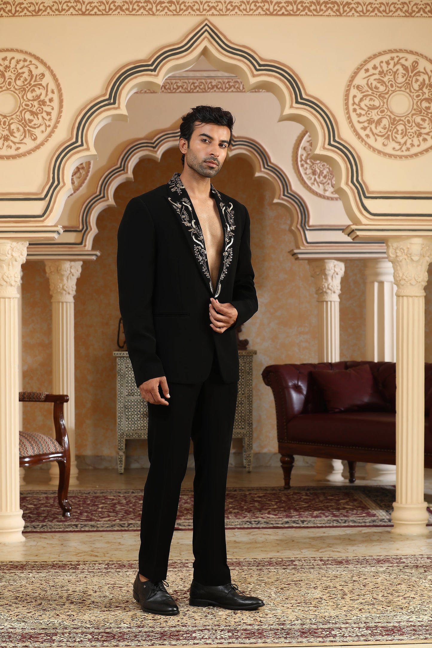 Gold Vines - Black Italian Viscose Zardozi & Zari Embroidered Party Wear Coat Set
