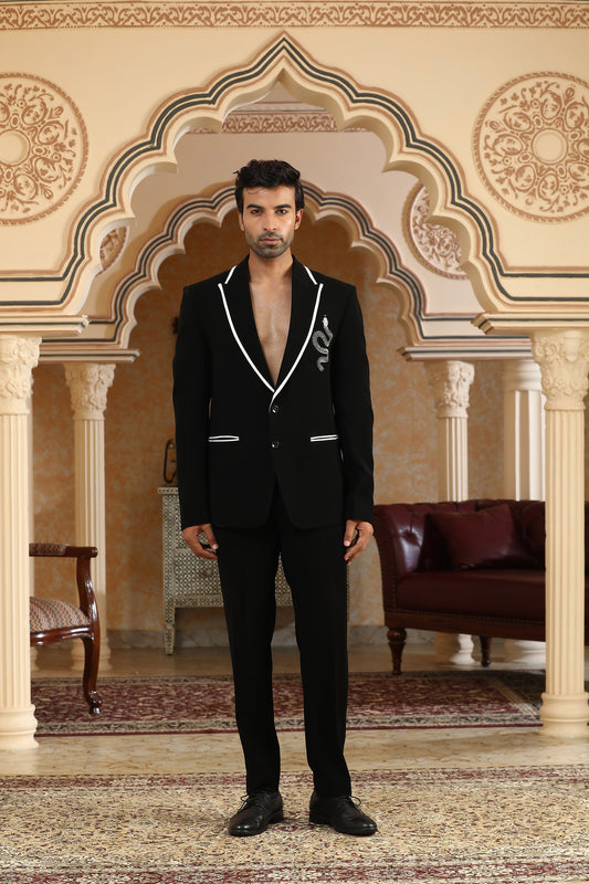 Serpents Charm - Black Italian Viscose Cut Dana Embroidered Casual Coat Set