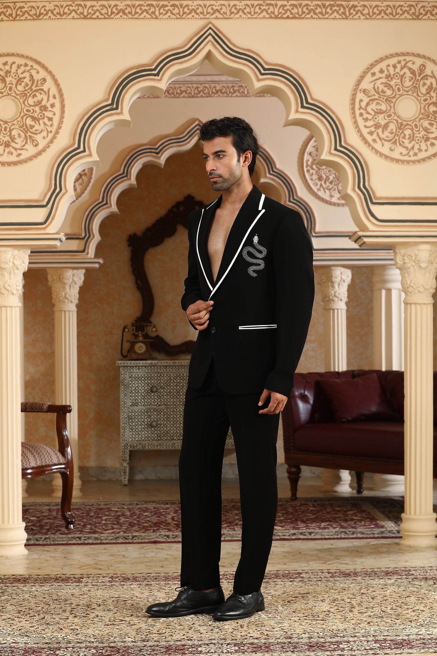 Serpents Charm - Black Italian Viscose Cut Dana Embroidered Casual Coat Set