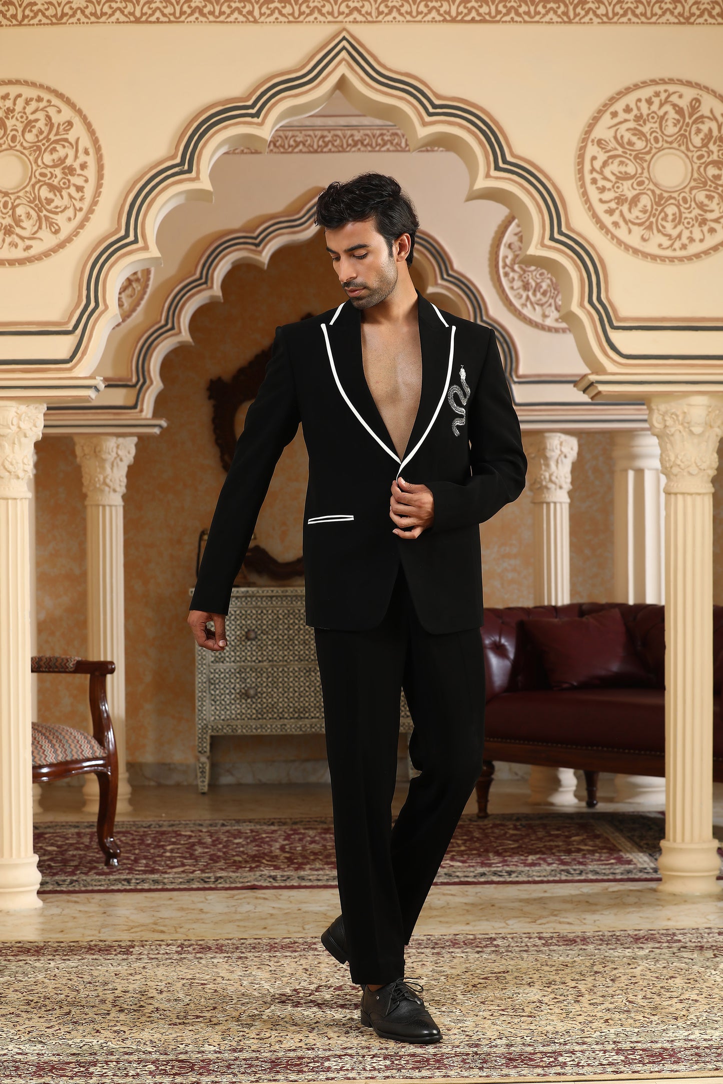 Serpents Charm - Black Italian Viscose Cut Dana Embroidered Casual Coat Set