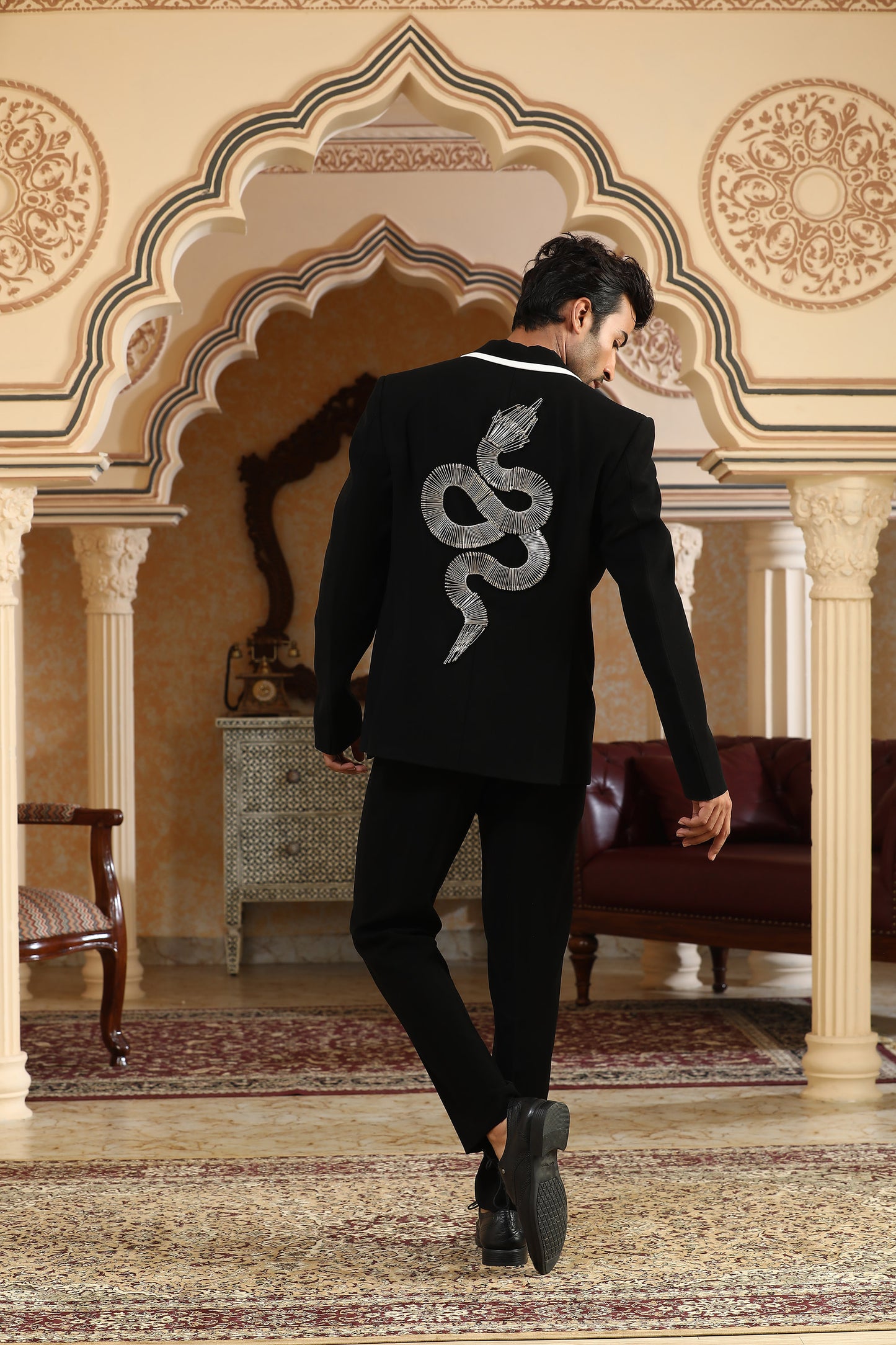 Serpents Charm - Black Italian Viscose Cut Dana Embroidered Casual Coat Set