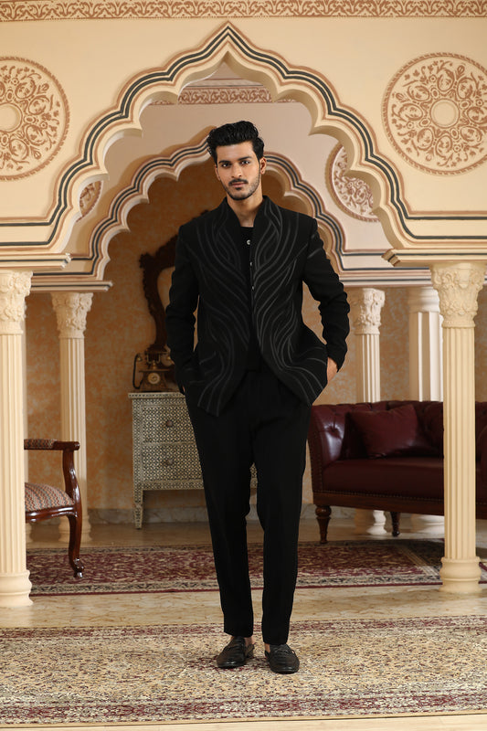 Black Italian Viscose & Satin Drawn Deer Sangeet Bandhgala Set