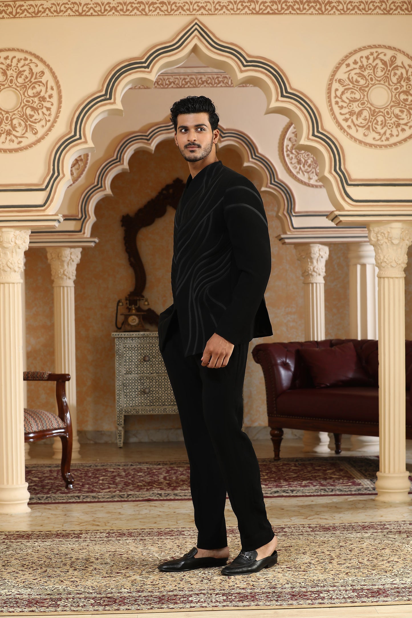 Black Italian Viscose & Satin Drawn Deer Sangeet Bandhgala Set