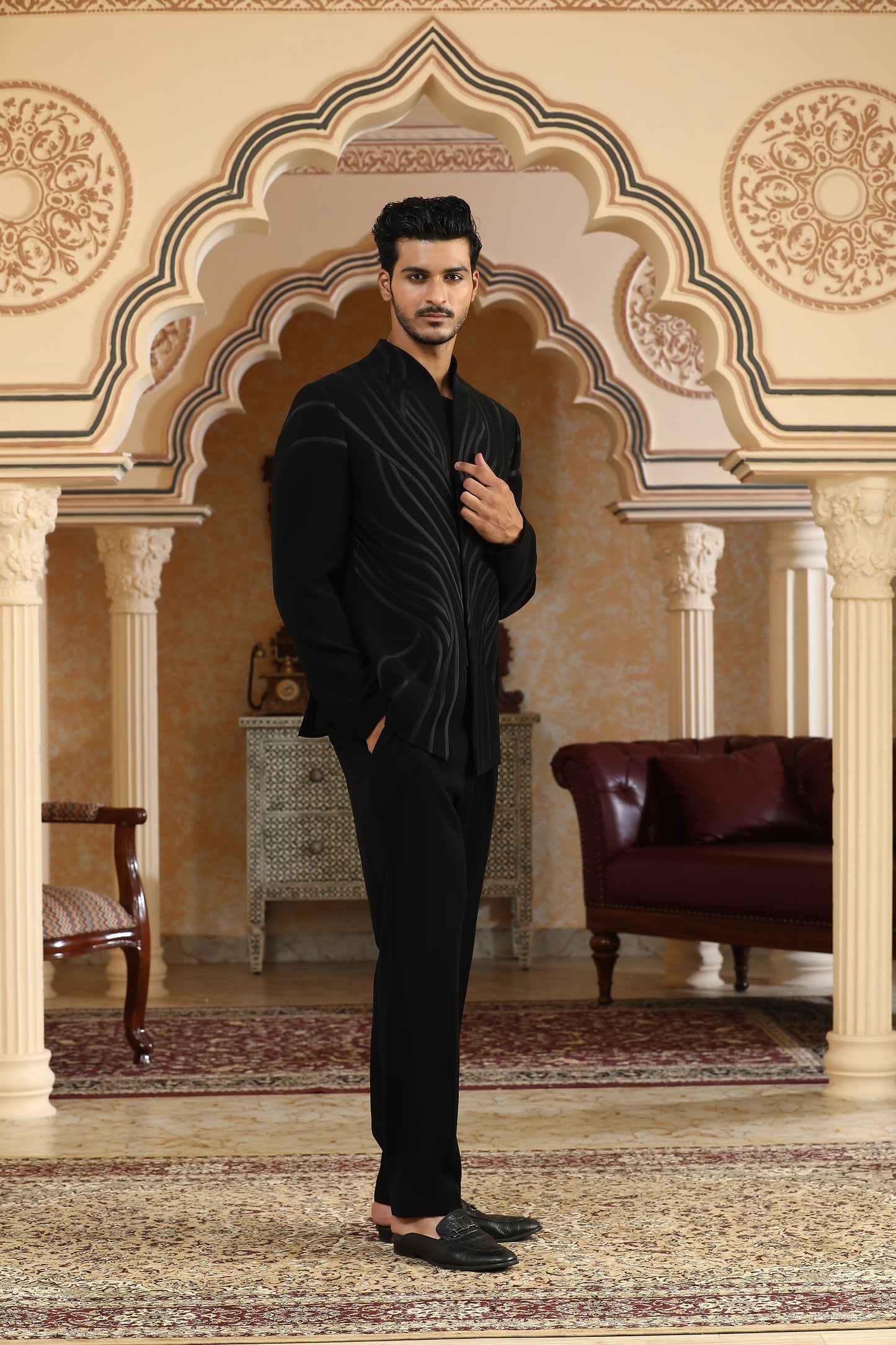 Black Italian Viscose & Satin Drawn Deer Sangeet Bandhgala Set