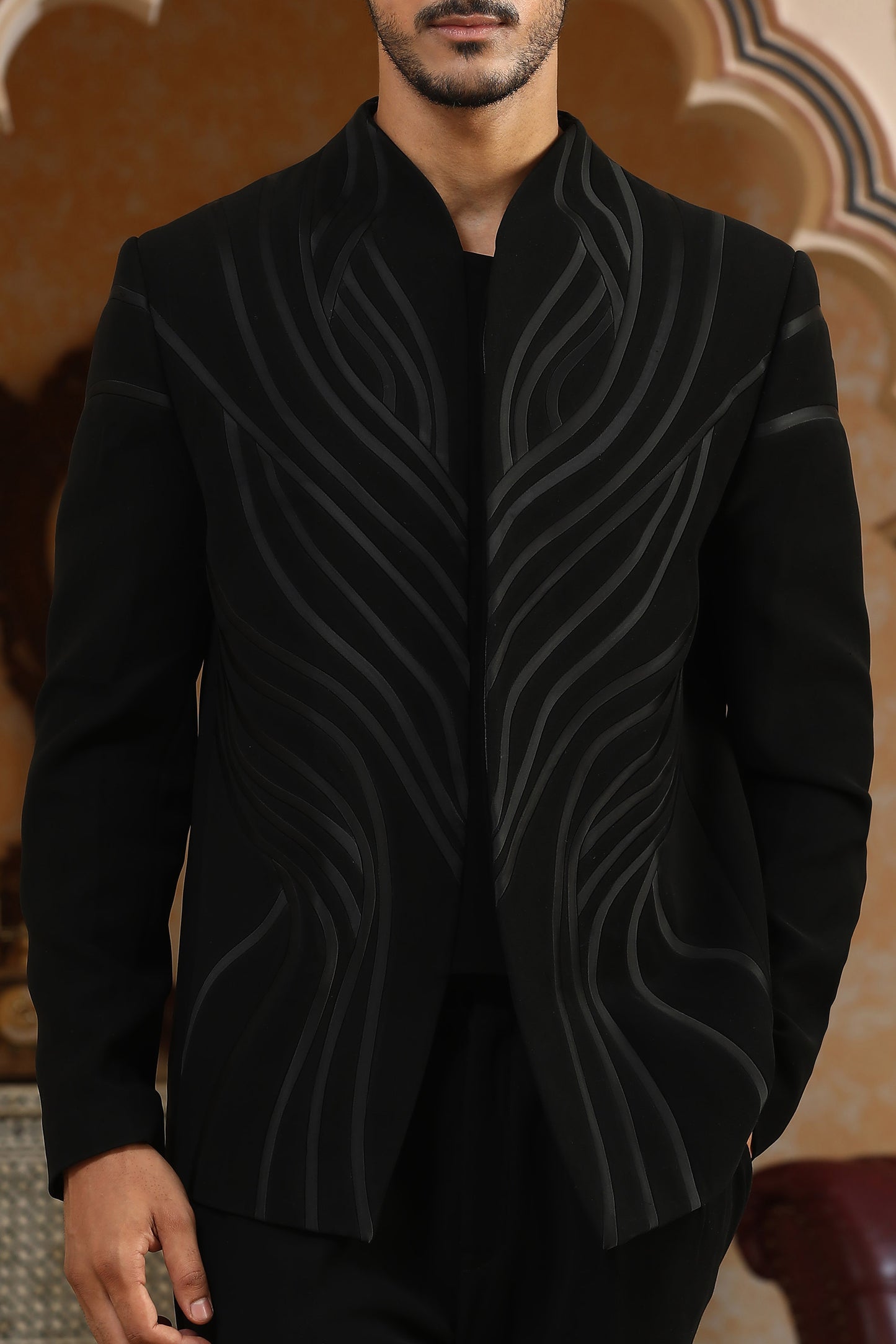 Black Italian Viscose & Satin Drawn Deer Sangeet Bandhgala Set