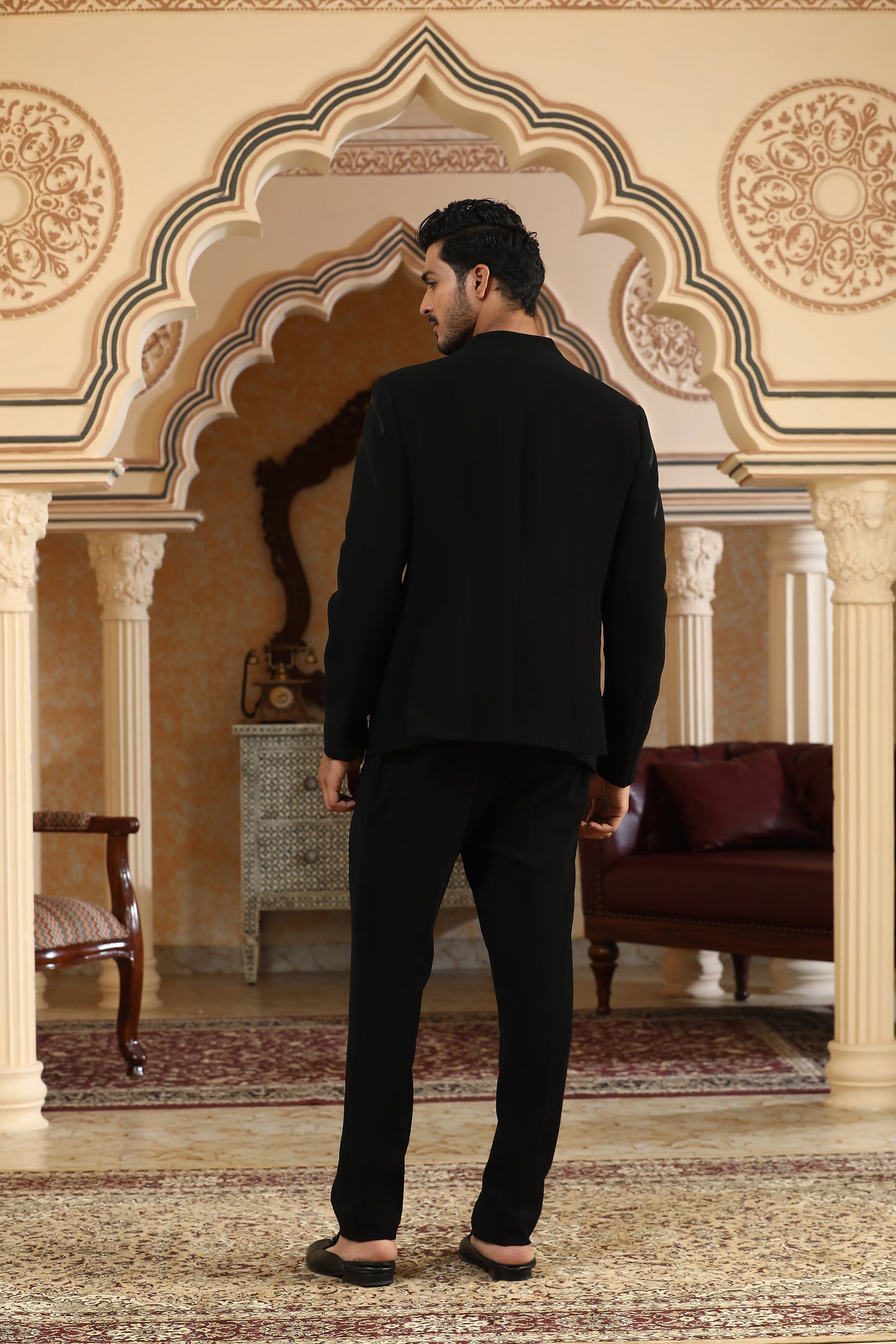 Black Italian Viscose & Satin Drawn Deer Sangeet Bandhgala Set