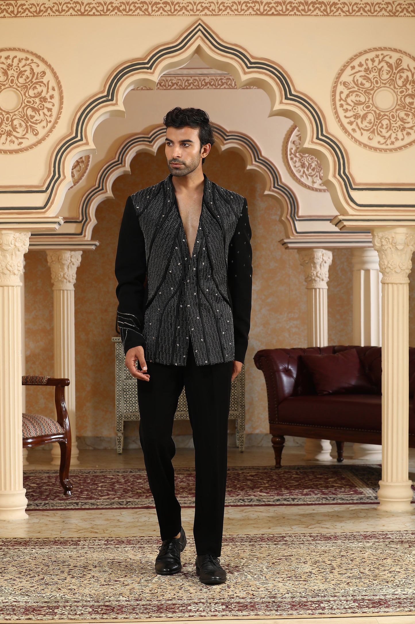 Galactic World - Black Italian Viscose Zardozi & Cut Dana Embroidered Coat Set