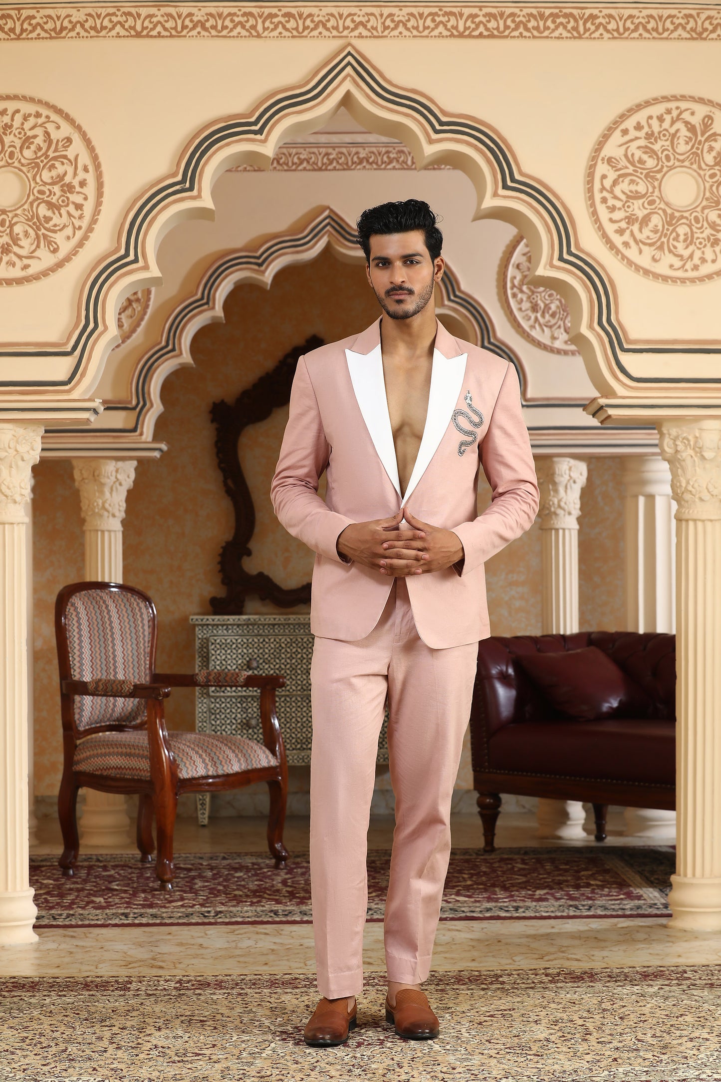 Serpents Charm - Pink Linen Motif & Cutdana Embroidered Festive Coat Set