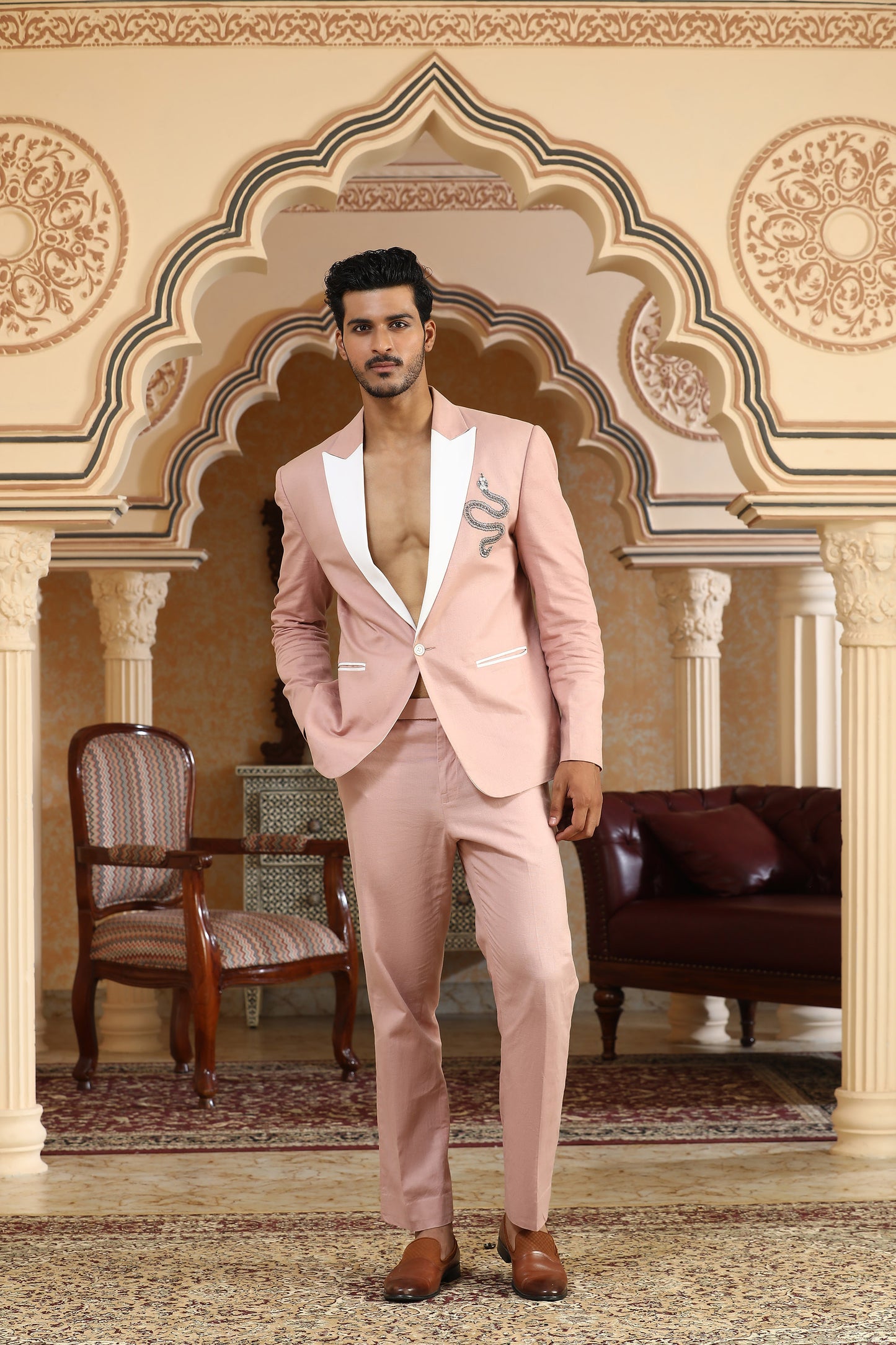 Serpents Charm - Pink Linen Motif & Cutdana Embroidered Festive Coat Set