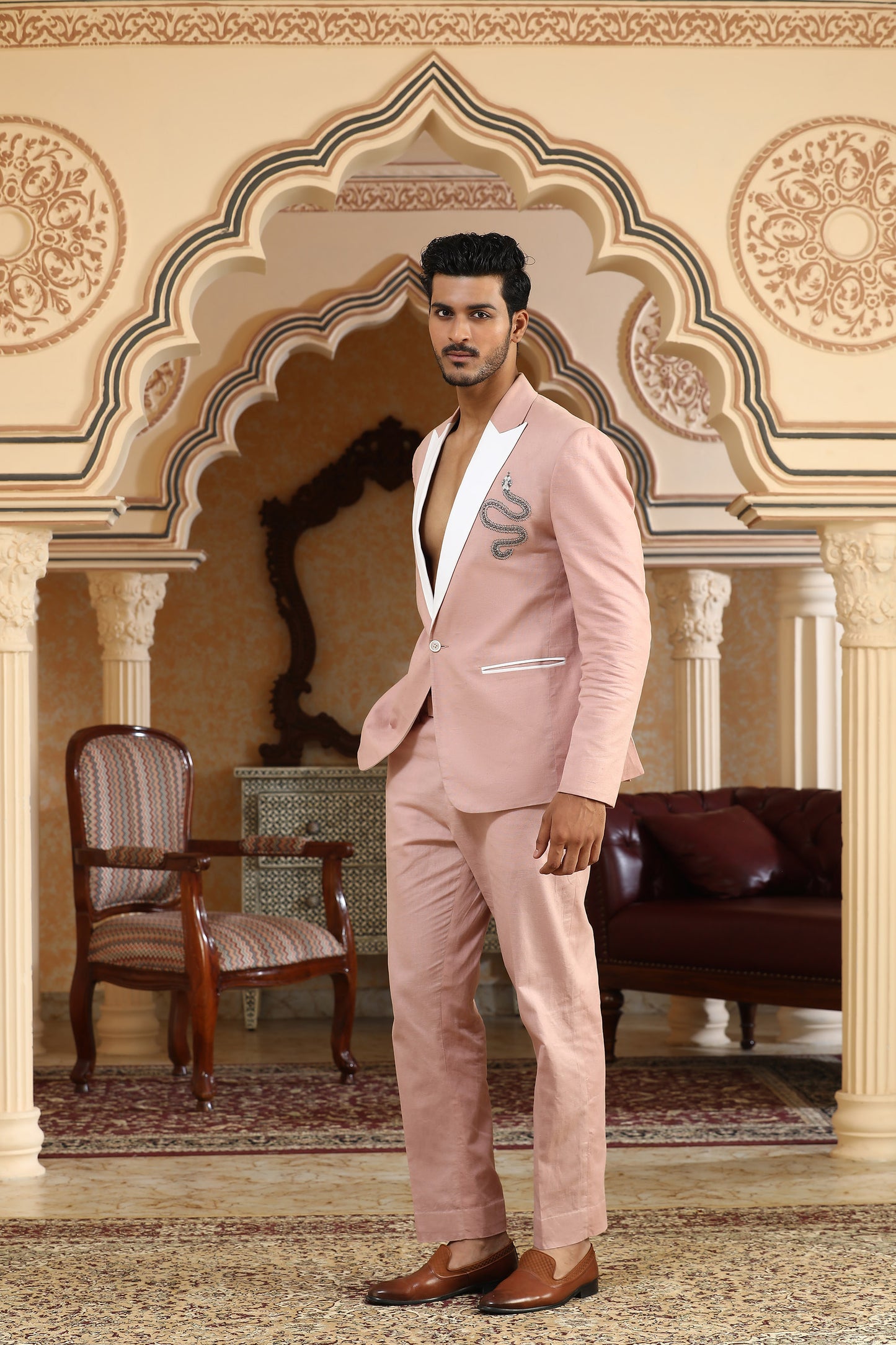 Serpents Charm - Pink Linen Motif & Cutdana Embroidered Festive Coat Set