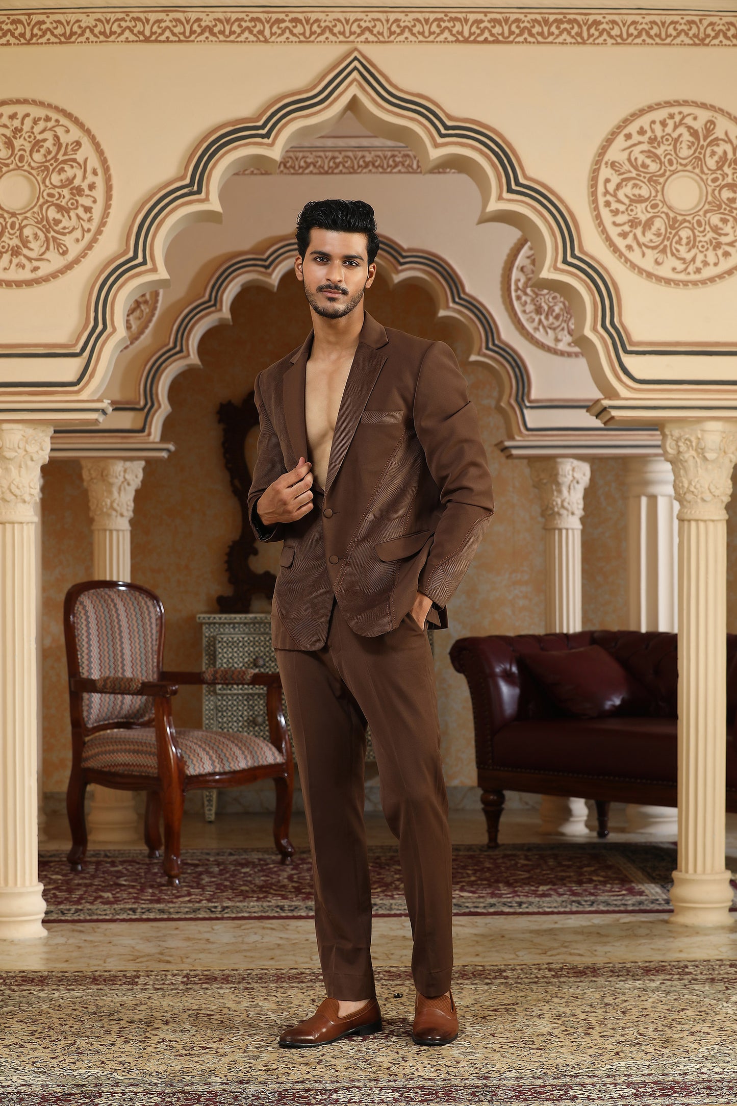 Brown Italian Poly Textured Applique Suit Set