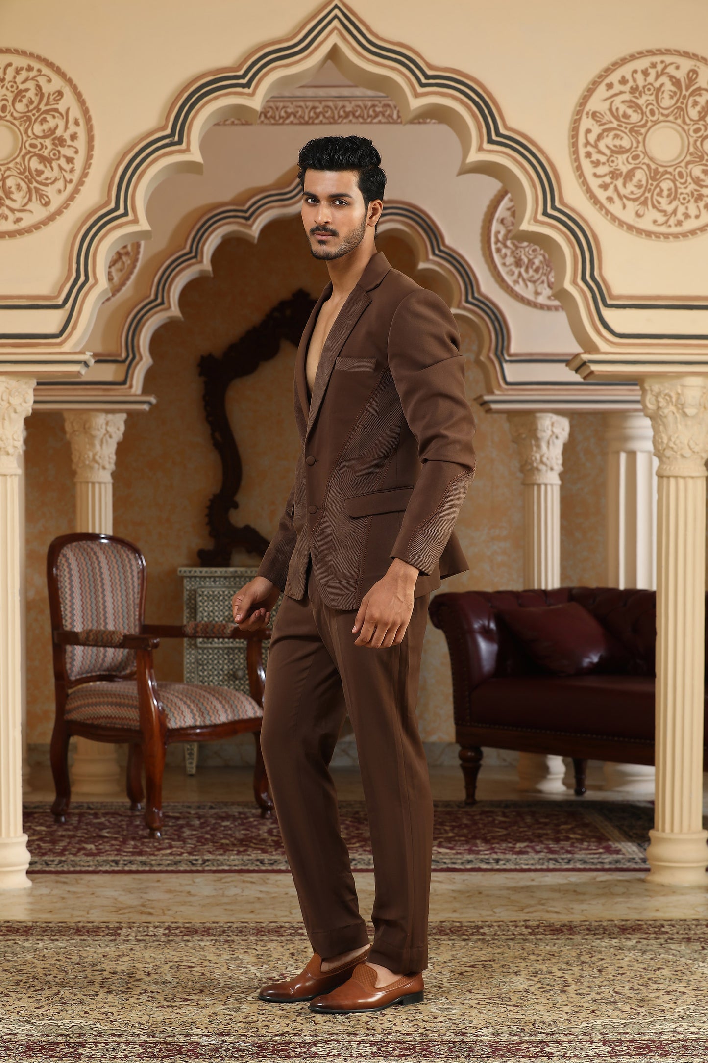 Brown Italian Poly Textured Applique Suit Set