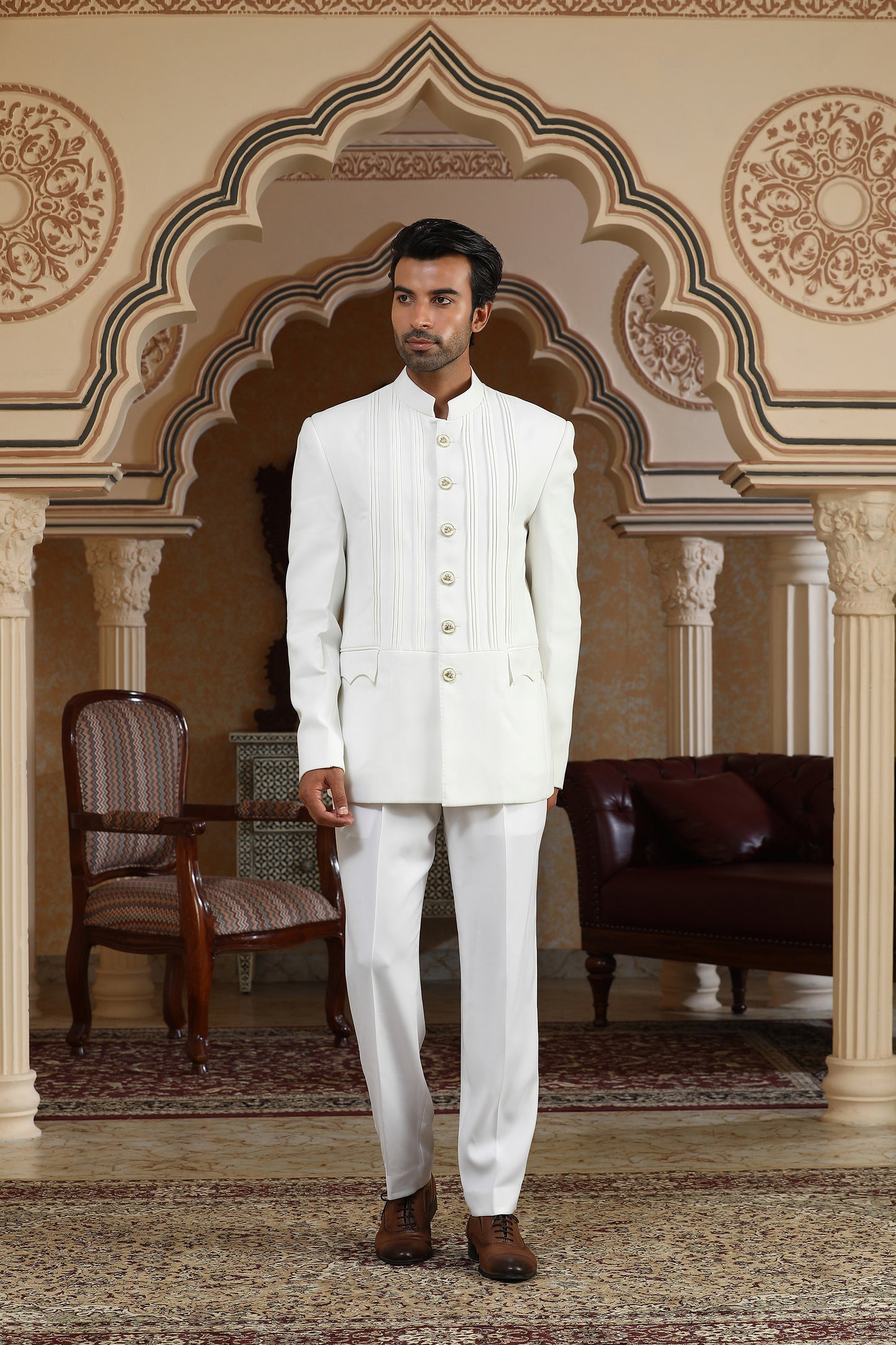 Chand Saaz - White Italian Viscose Festive Bandhgala Set