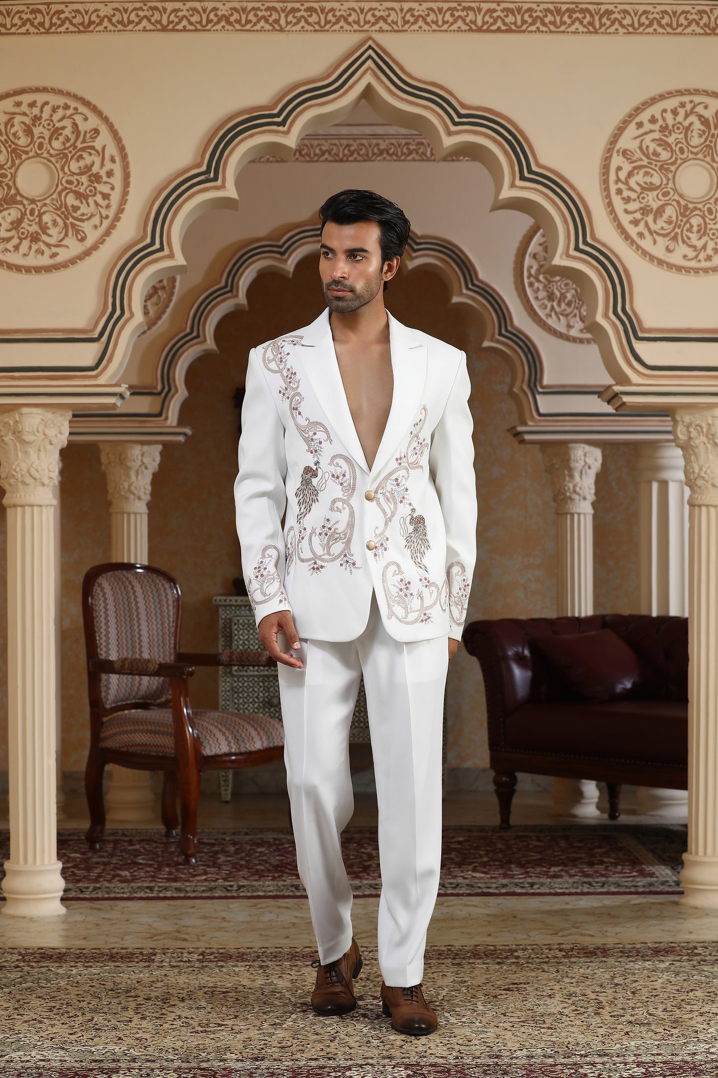 Sonchidi - White Italian Viscose Zari & Moti Embroidered Party Wear Coat Set