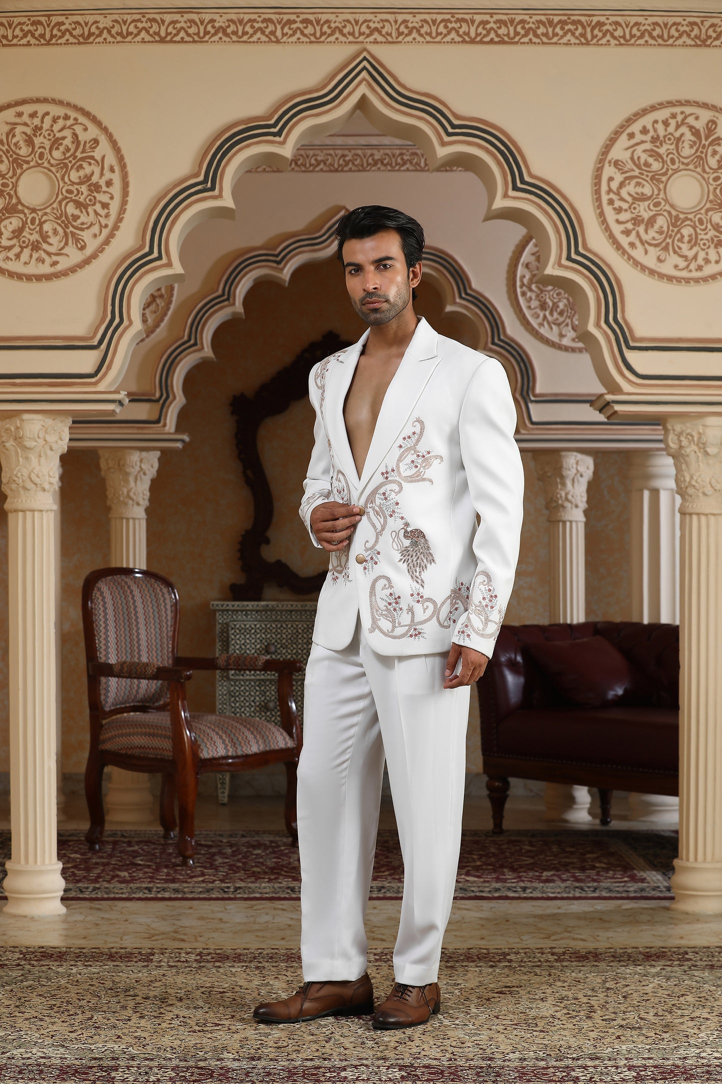 Sonchidi - White Italian Viscose Zari & Moti Embroidered Party Wear Coat Set