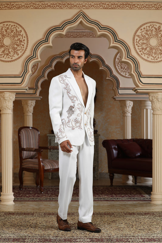 Sonchidi - White Italian Viscose Zari & Moti Embroidered Party Wear Coat Set