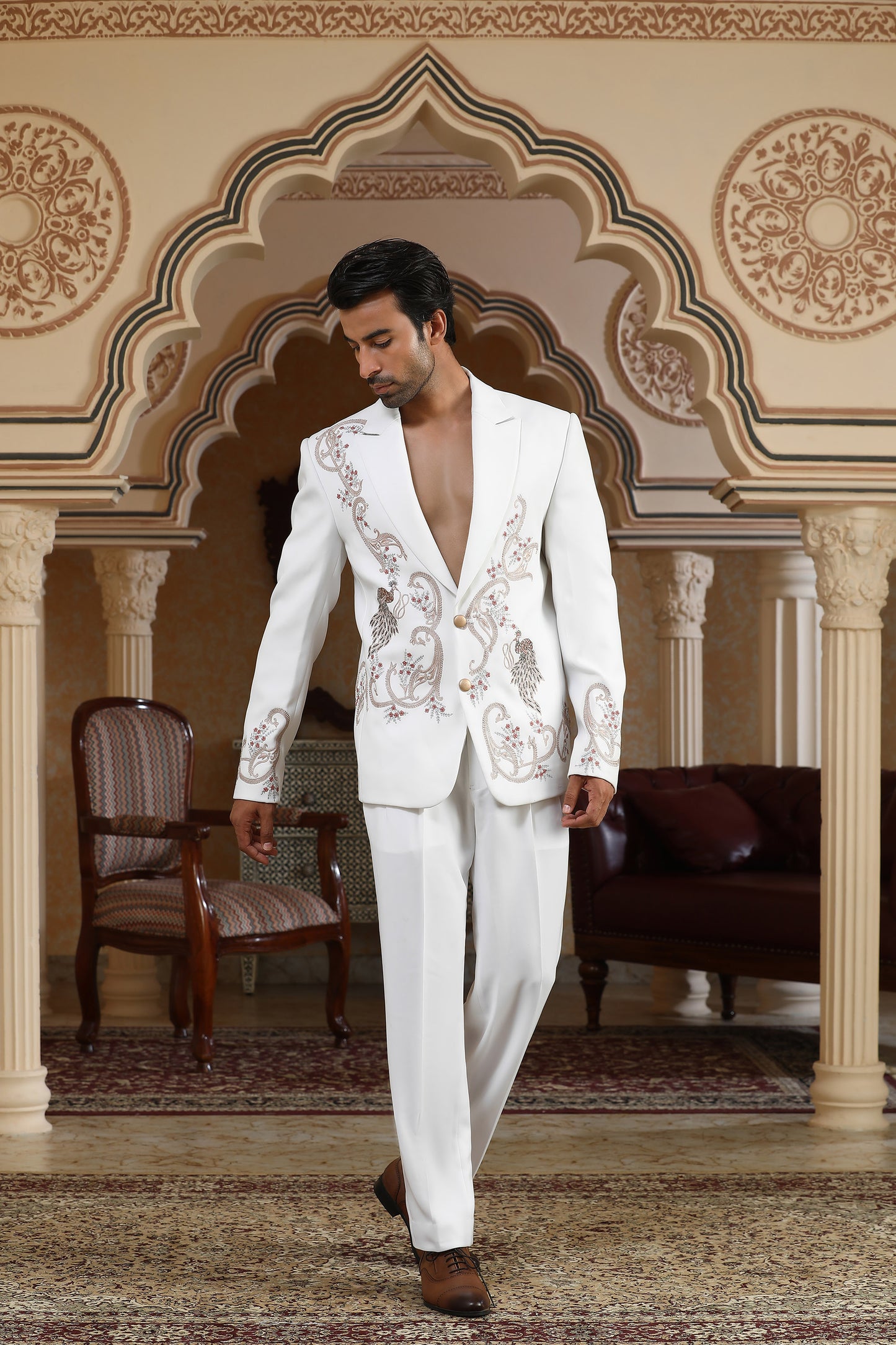 Sonchidi - White Italian Viscose Zari & Moti Embroidered Party Wear Coat Set