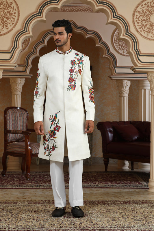 Rajphool - White Jaquard Italian Resham, Pearl & Moti  Embroidered Textured Festive Indo Western  Set