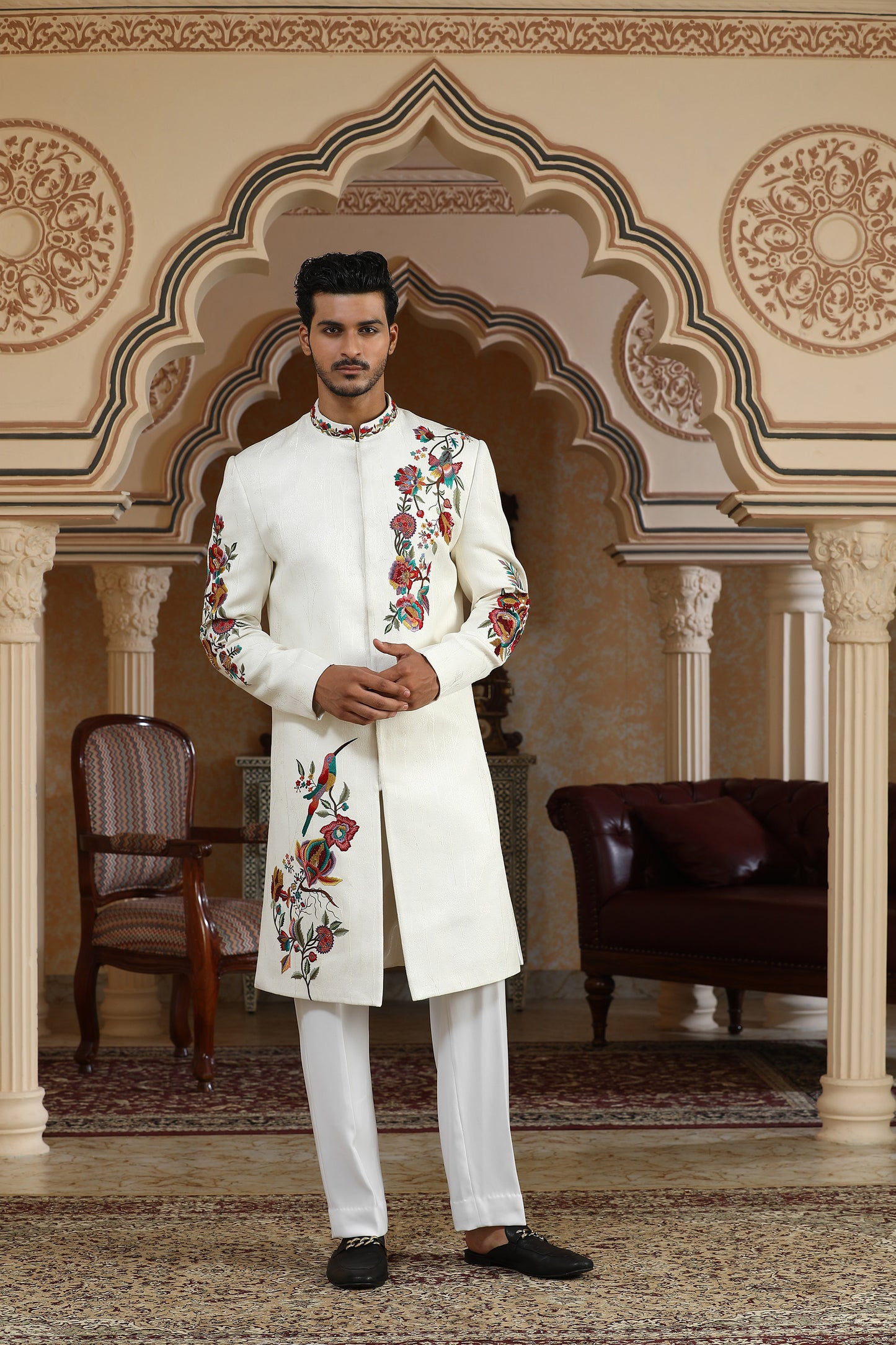 Rajphool - White Jaquard Italian Resham, Pearl & Moti  Embroidered Textured Festive Indo Western  Set