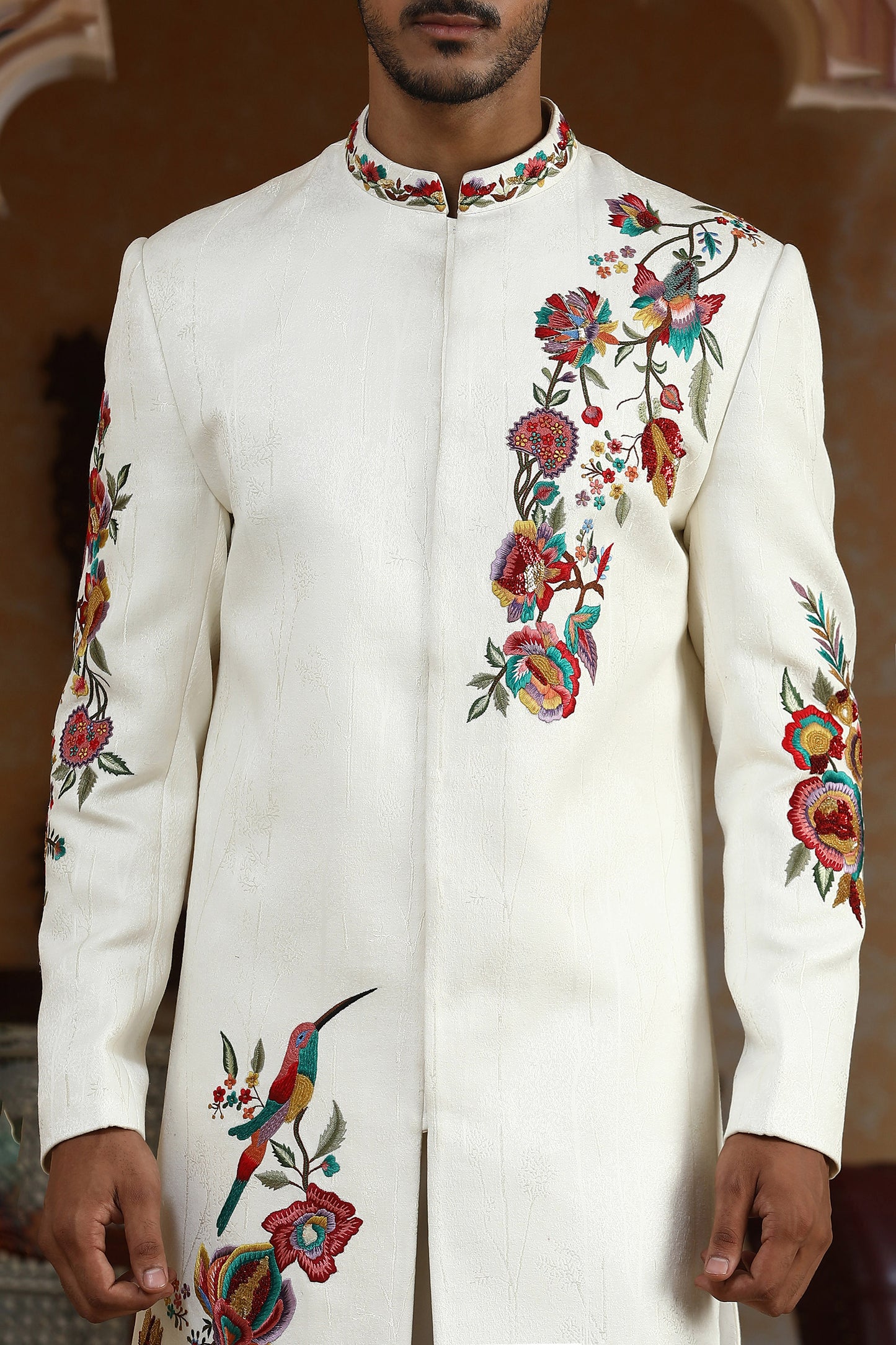 Rajphool - White Jaquard Italian Resham, Pearl & Moti  Embroidered Textured Festive Indo Western  Set