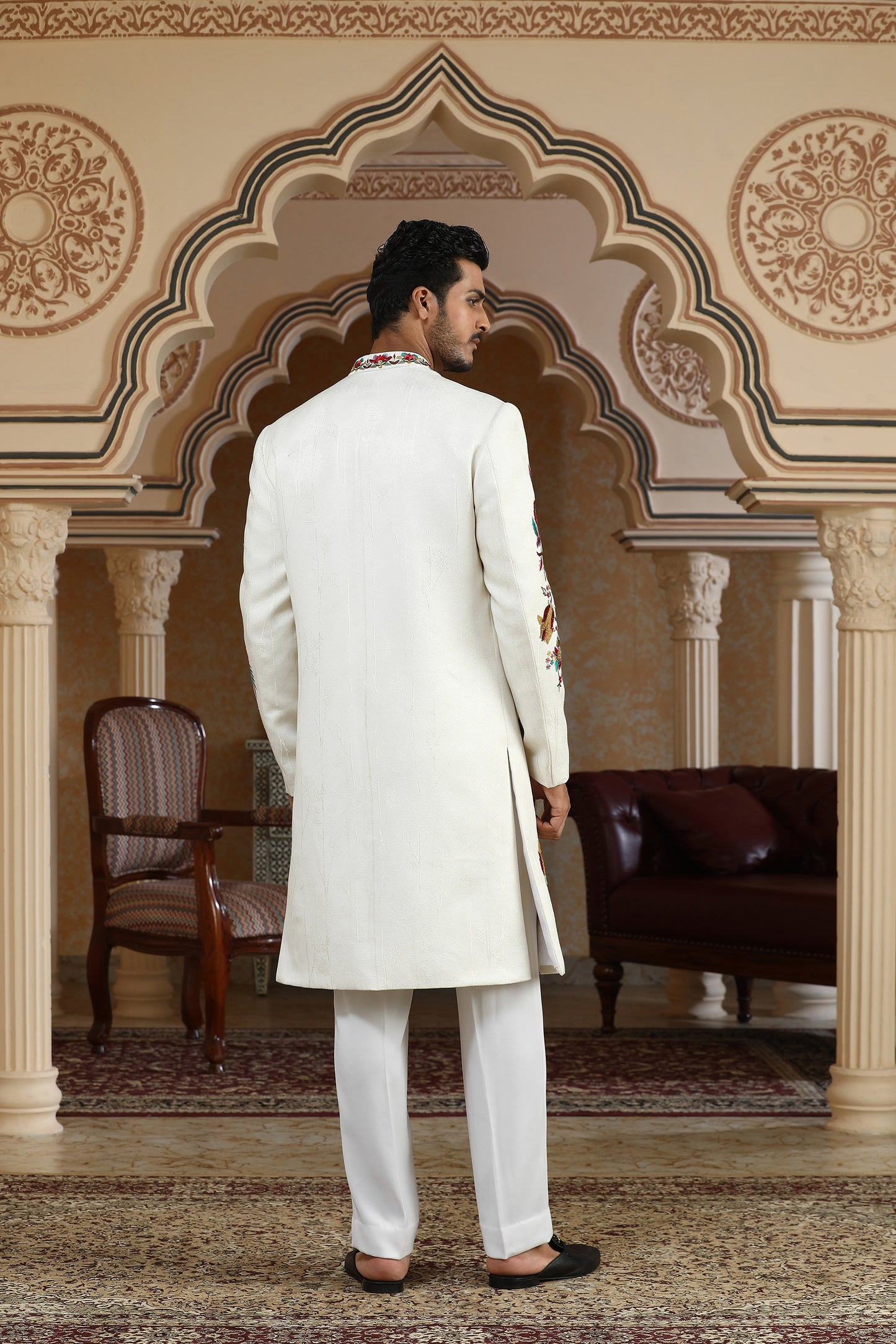 Rajphool - White Jaquard Italian Resham, Pearl & Moti  Embroidered Textured Festive Indo Western  Set