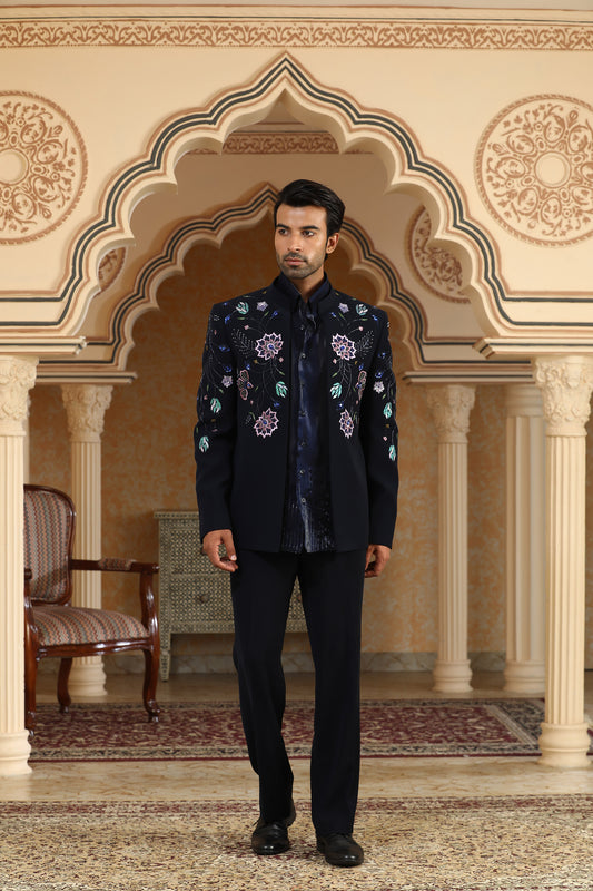 Van Raj - Navy Blue Italian Viscose & Organza Resham & Cutduna Embroidered Bandhagala Set
